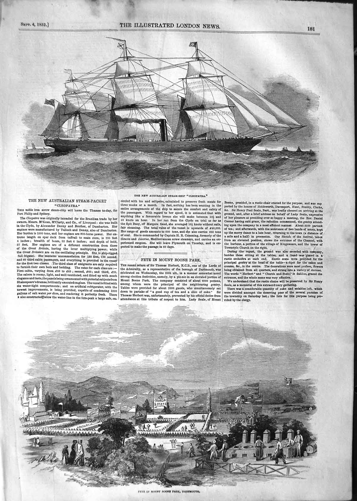Original Old Antique Print 1852 Australian Steam Ship Cleopatra Mount Boo 19th
