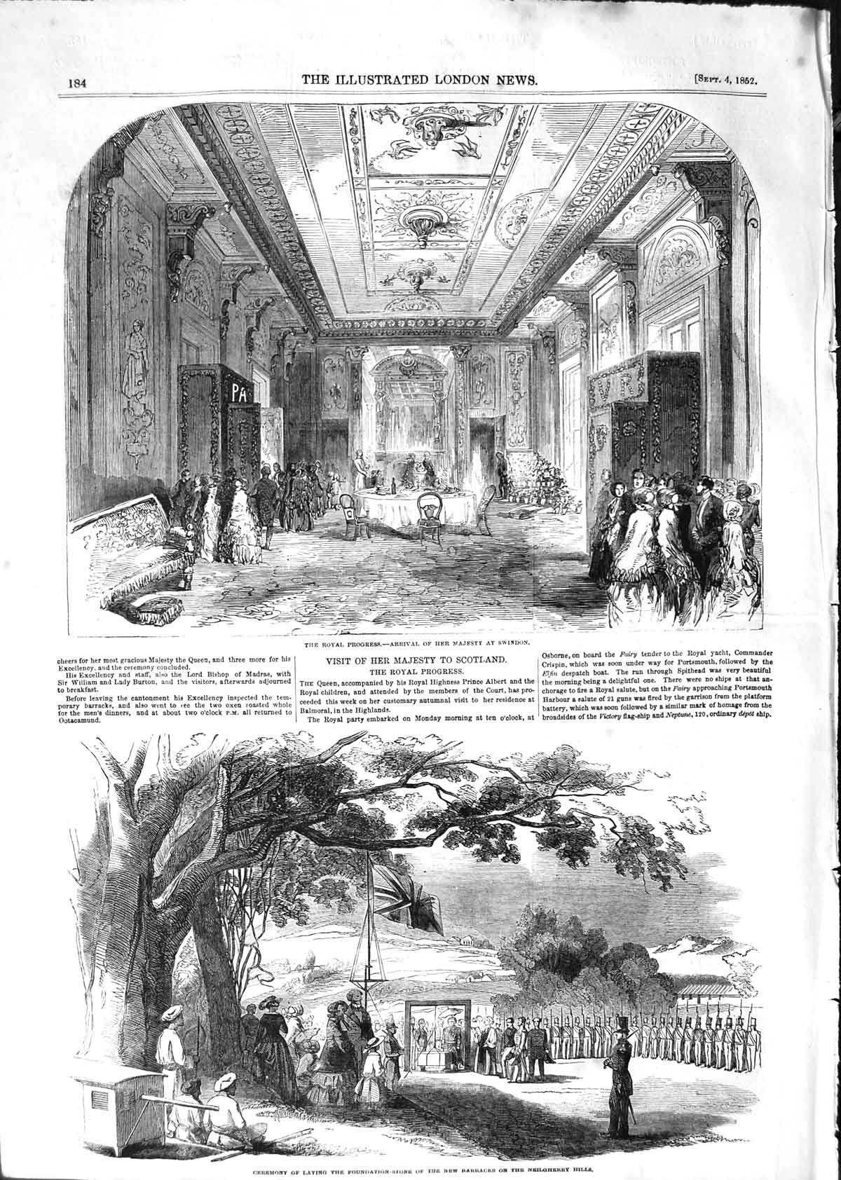 Original Old Antique Print 1852 Queen Swindon Foundation-Stone Neilgherr 19th