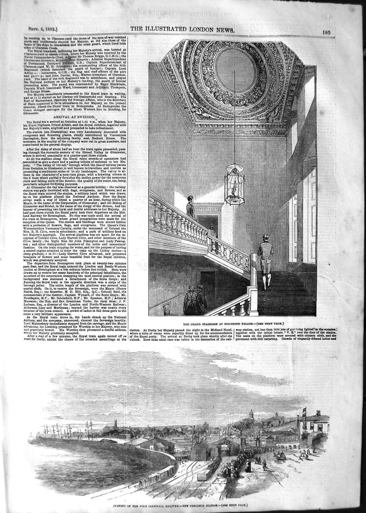 Old Antique Print 1852 Grand Staircase Holyrood Palace Cornwall Railway 19th