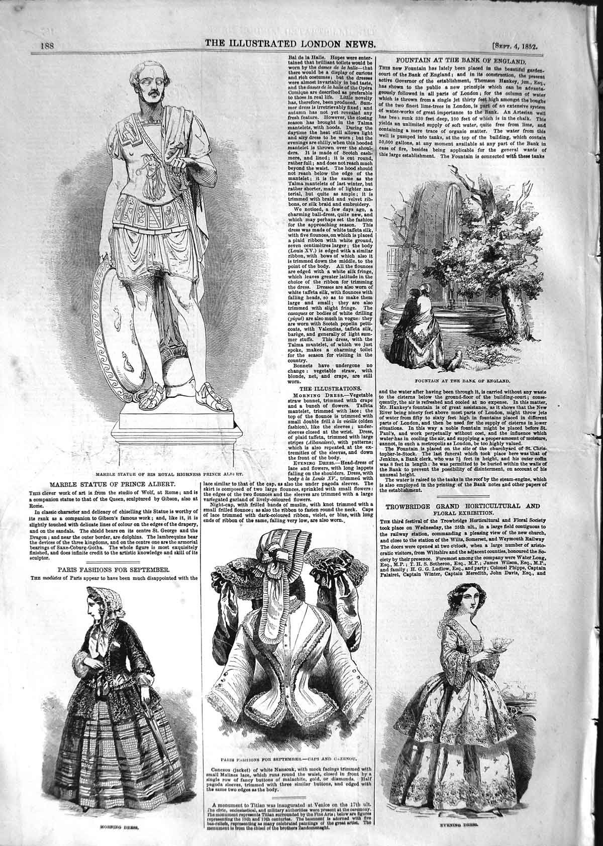 Old Antique Print 1852 Marble Statue Prince Albert Paris Fashion Fountain 19th