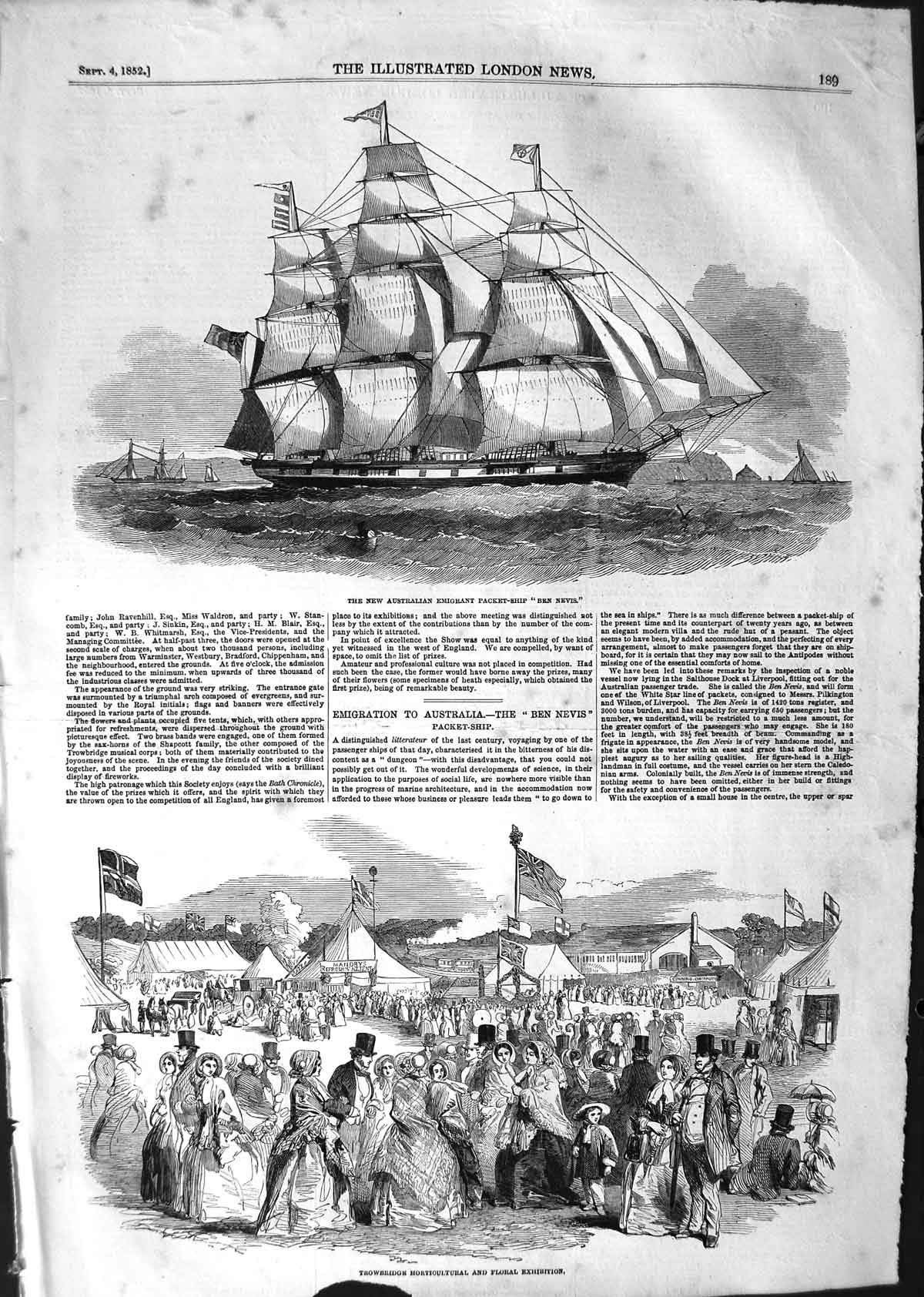 Original Old Antique Print 1852 Australian Emigrant Ship Ben Nevis Tro Victorian