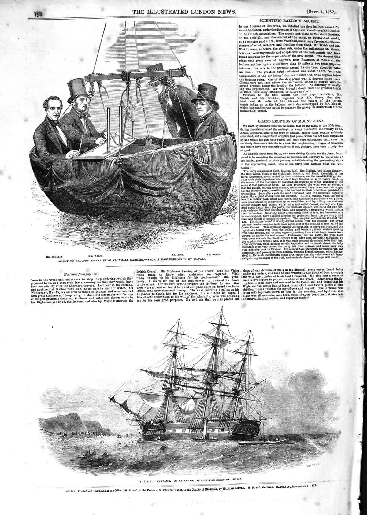 Original Old Antique Print 1852 Ship Centaur Calcutta Arabia Balloon Welsh Adie