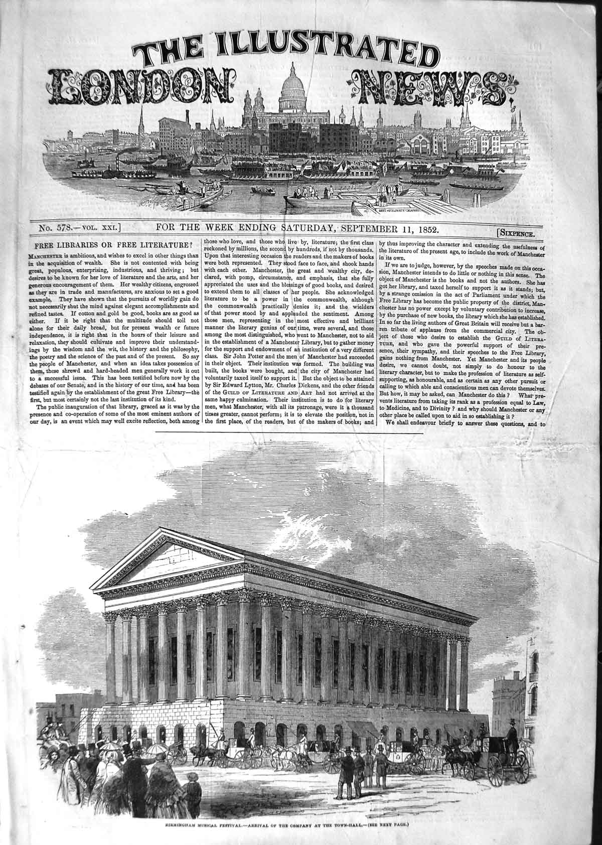 Old Antique Print 1852 Birmingham Music Festival Town Hall Architecture 19th