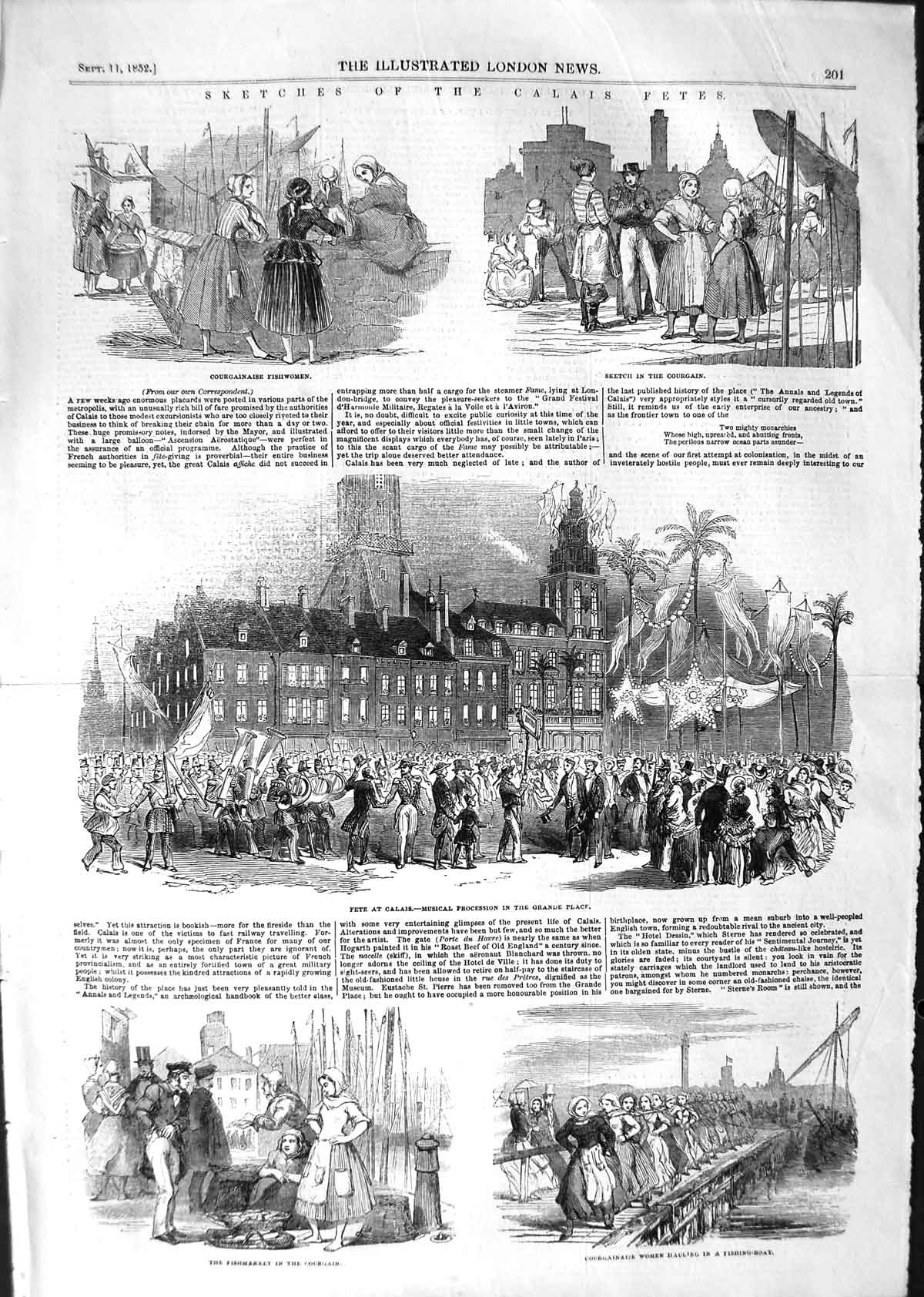 Original Old Antique Print 1852 Calais Fetes Fishmarket Courgainaise Fishwomen
