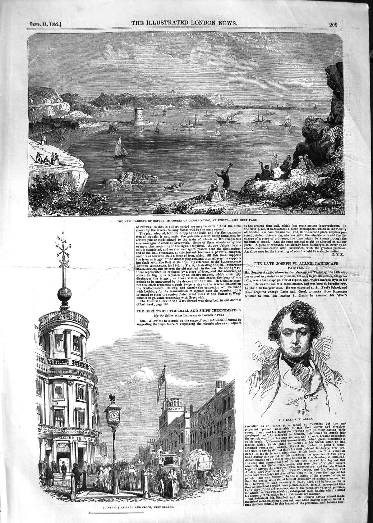 Old Antique Print 1852 Harbour Refuge Jersey Electric Clock Strand Allen 19th