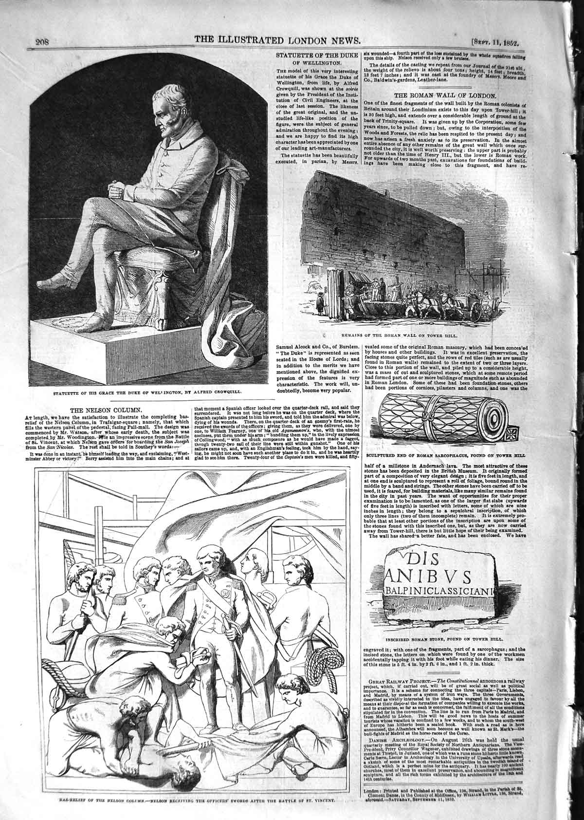 Original Old Antique Print 1852 Statue Duke Wellington Bas-Relief Nelso 19th