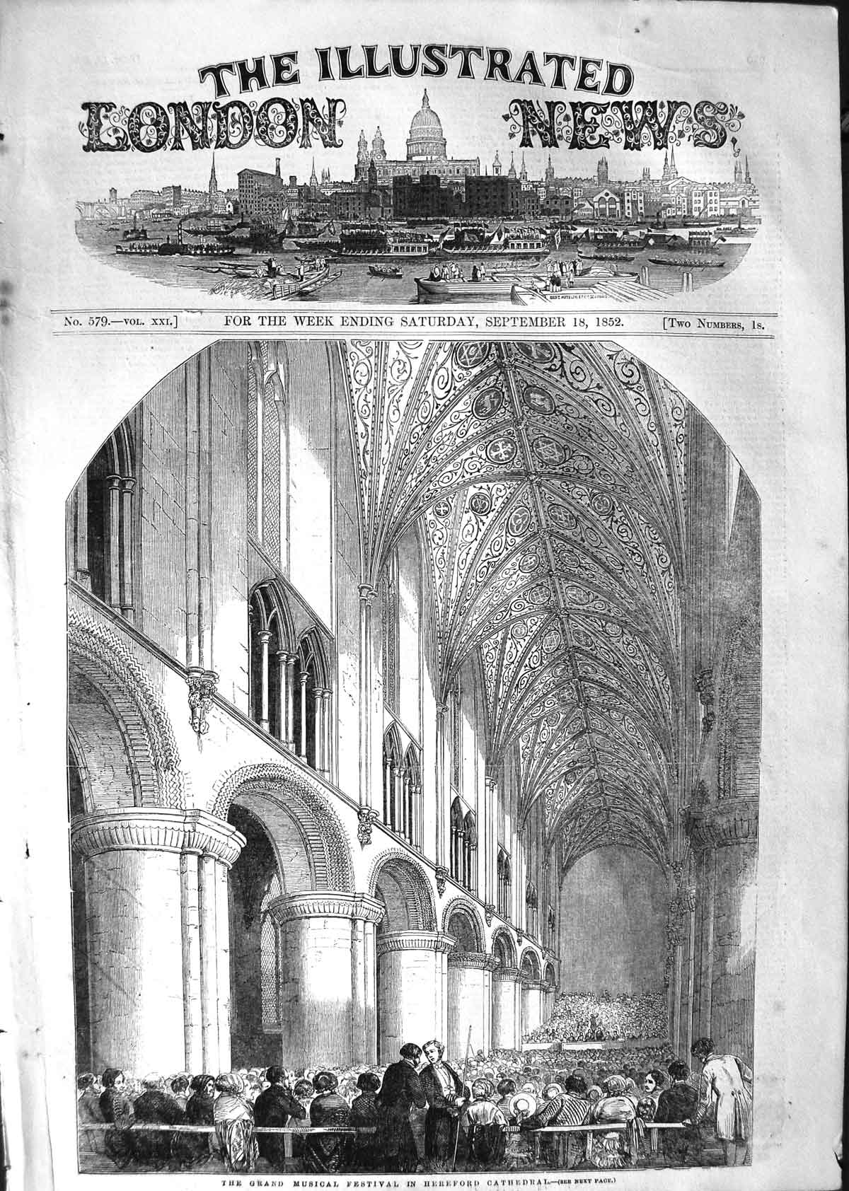 Original Old Antique Print 1852 Grand Musical Festival Hereford Cathedral 19th