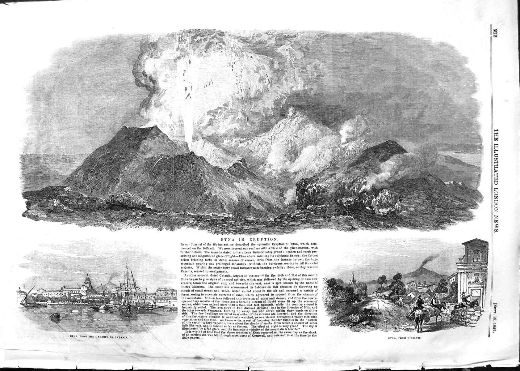 Original Old Antique Print 1852 Mountain Mount Etna Eruption Volcano Catania