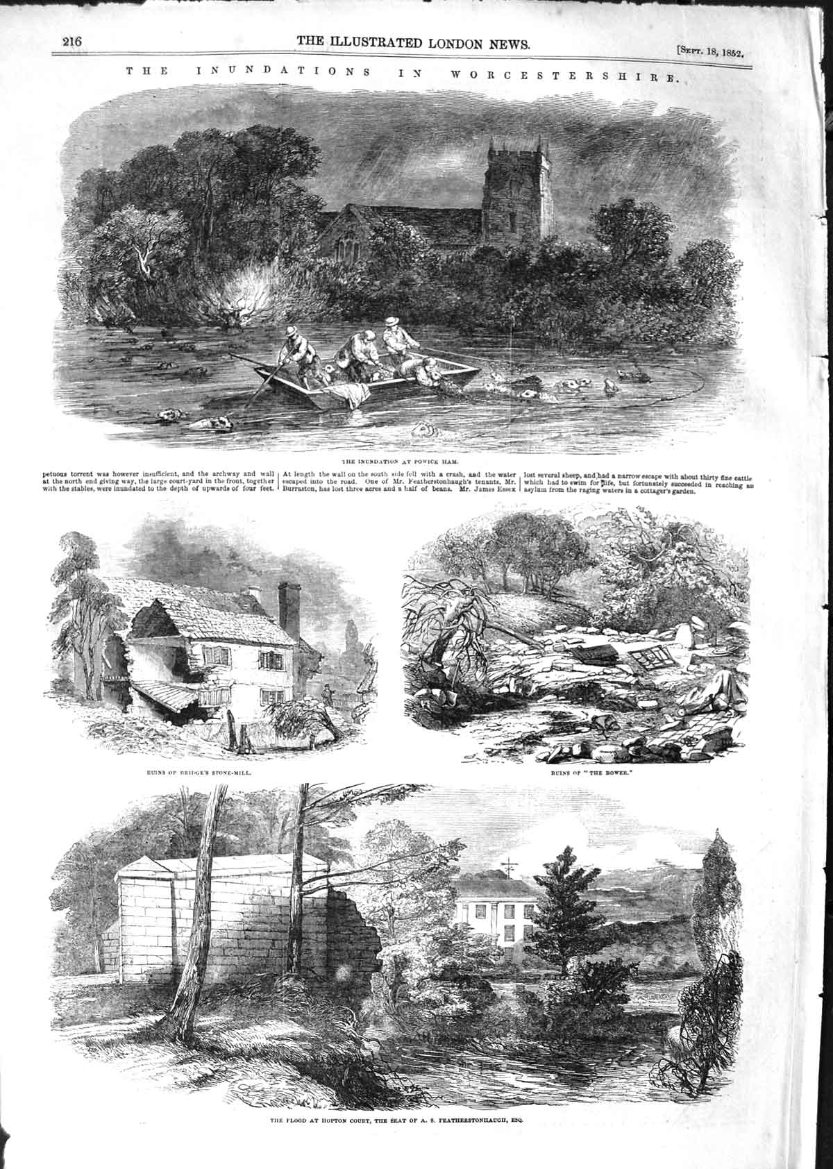 Original Old Antique Print 1852 Floods Worcestershire Hopton Court Sto Victorian