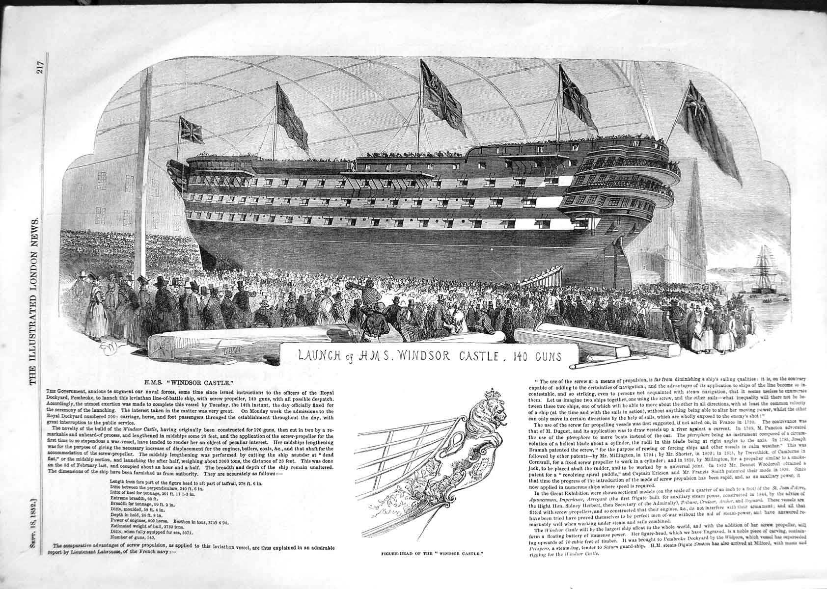 Original Old Antique Print 1852 Launch Ship H.M.S Windsor Castle 140 G Victorian
