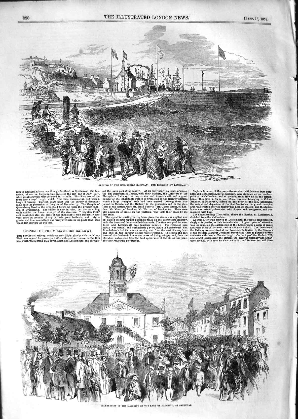Original Old Antique Print 1852 Morayshire Railway Lossiemouth Earl D Victorian