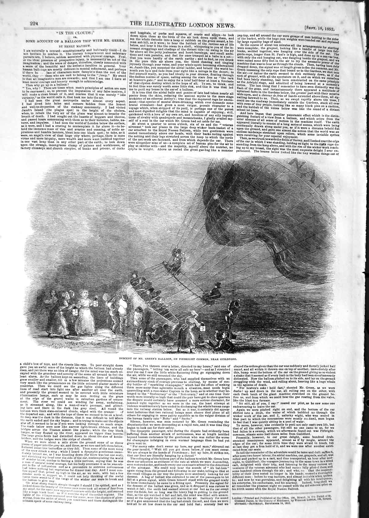 Old Antique Print 1852 Descent Green Balloon Pirbright Common Guildford 19th