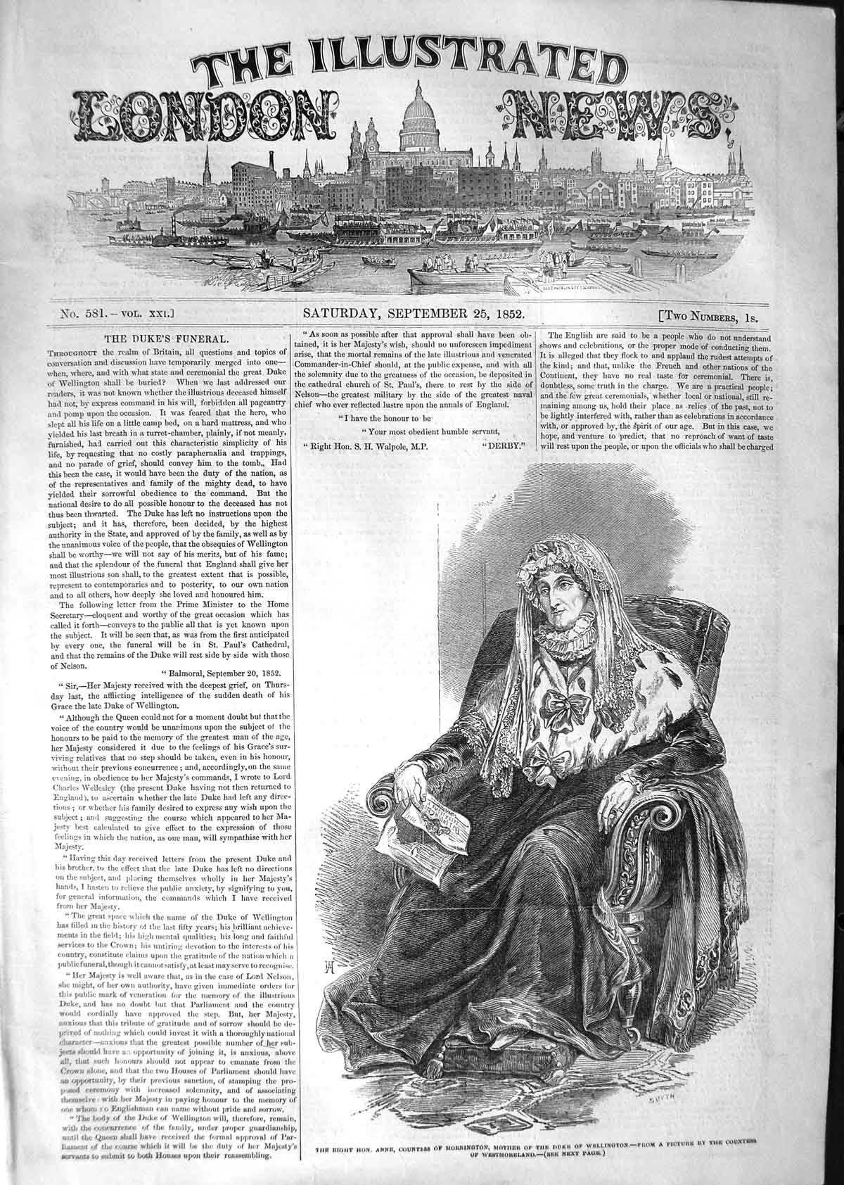 Original Old Antique Print 1852 Anne Countess Mornington Mother Duke Wellington