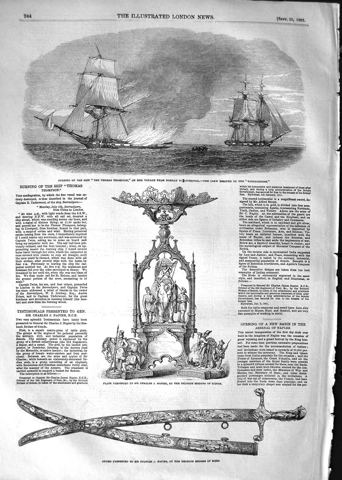 Old Antique Print 1852 Ship Thomas Thompson Liverpool Sword Napier Scinde 19th