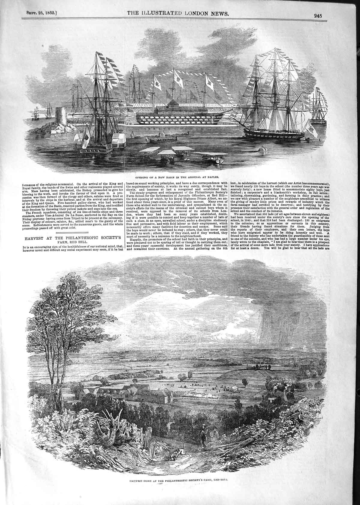 Old Antique Print 1852 Basin Arsenal Naples Ships Harvest-Home Red-Hill 19th