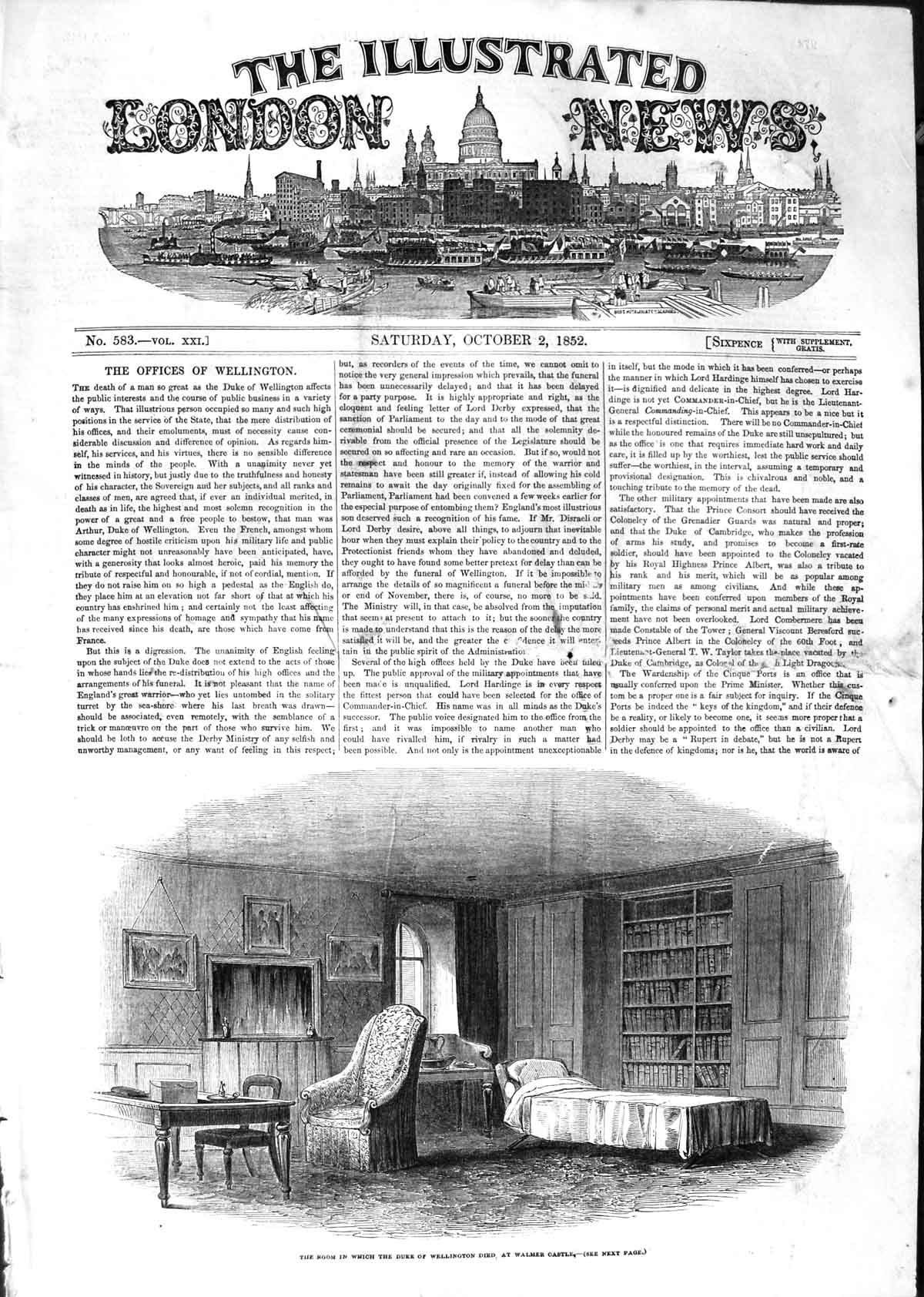 Original Old Antique Print 1852 Duke Wellington Room Death Bed Walmer Castle