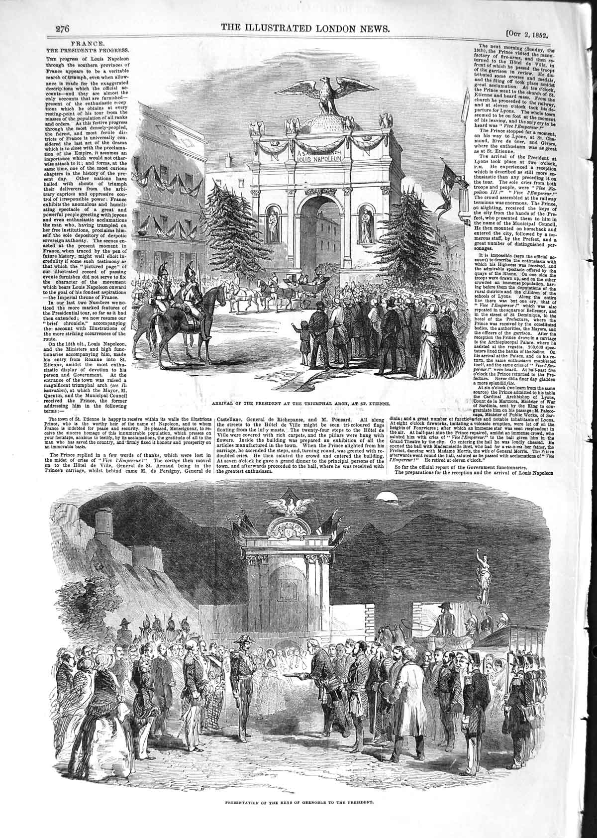 Old Antique Print 1852 French President Triumphal Arch Etienne Grenoble 19th