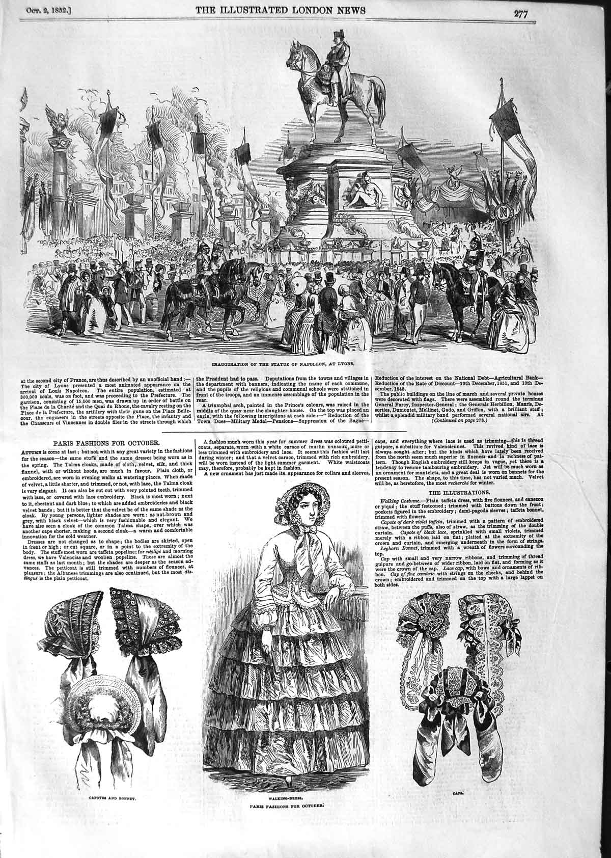 Original Old Antique Print 1852 Inauguration Statue Napoleon Lyons Paris 19th
