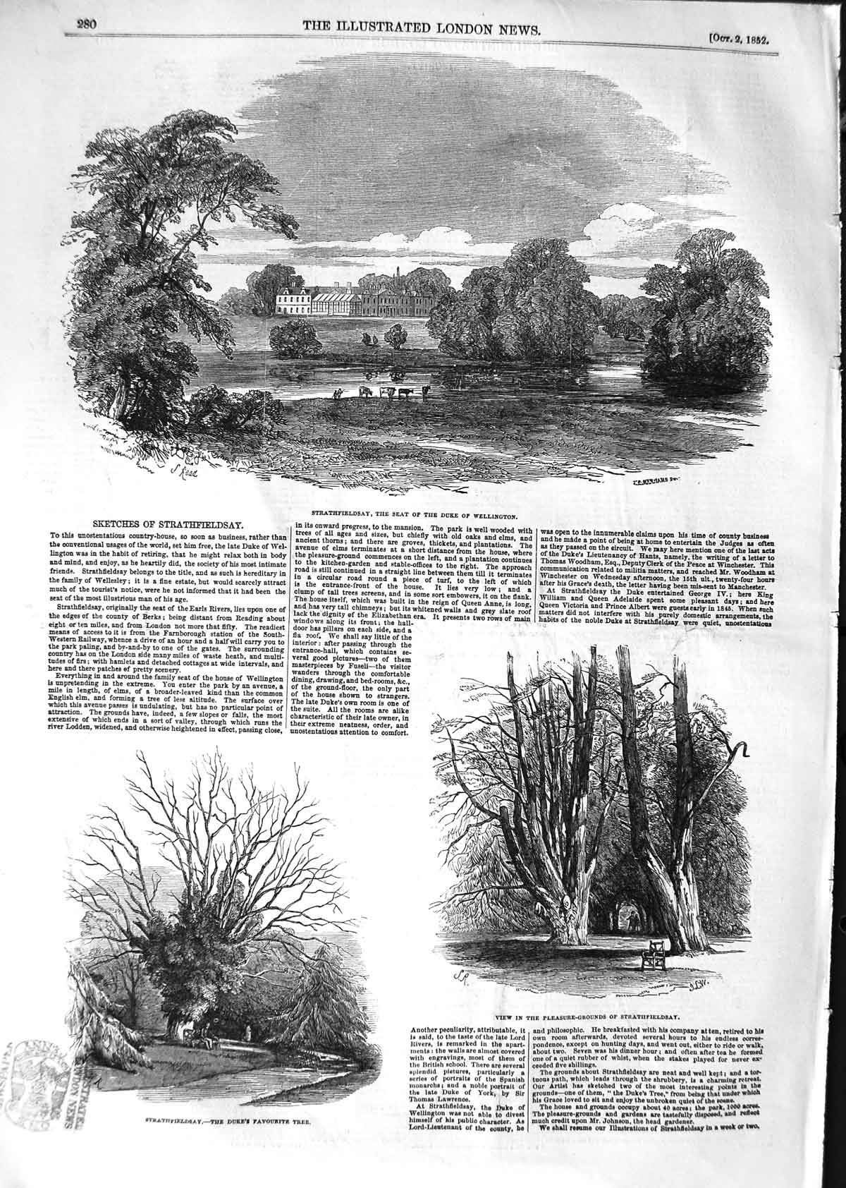 Original Old Antique Print 1852 Strathfieldsay Duke Wellington Pleasure-Grounds