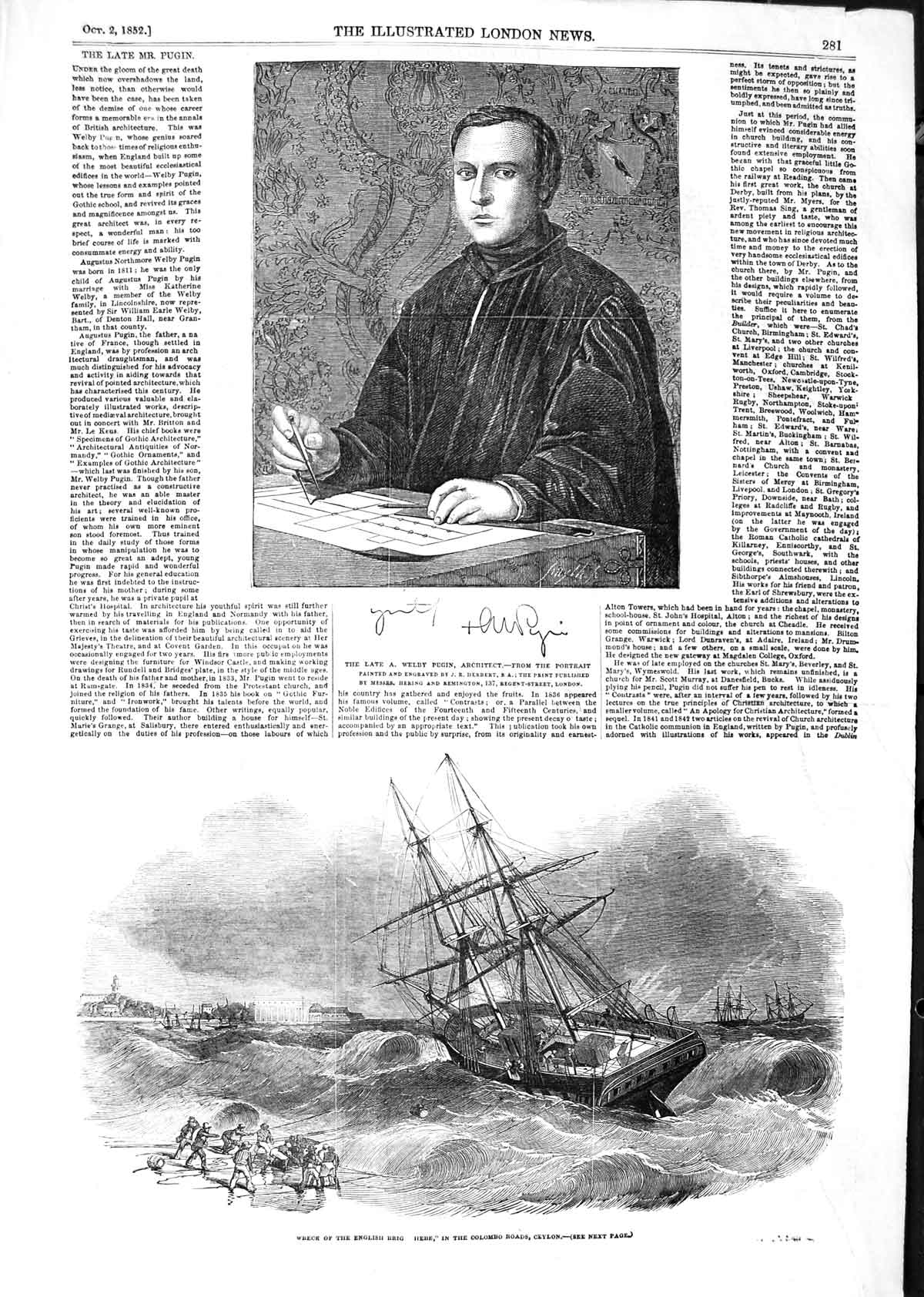 Original Old Antique Print 1852 Welby Pugin Wreck English Brig Ship Hebe 19th