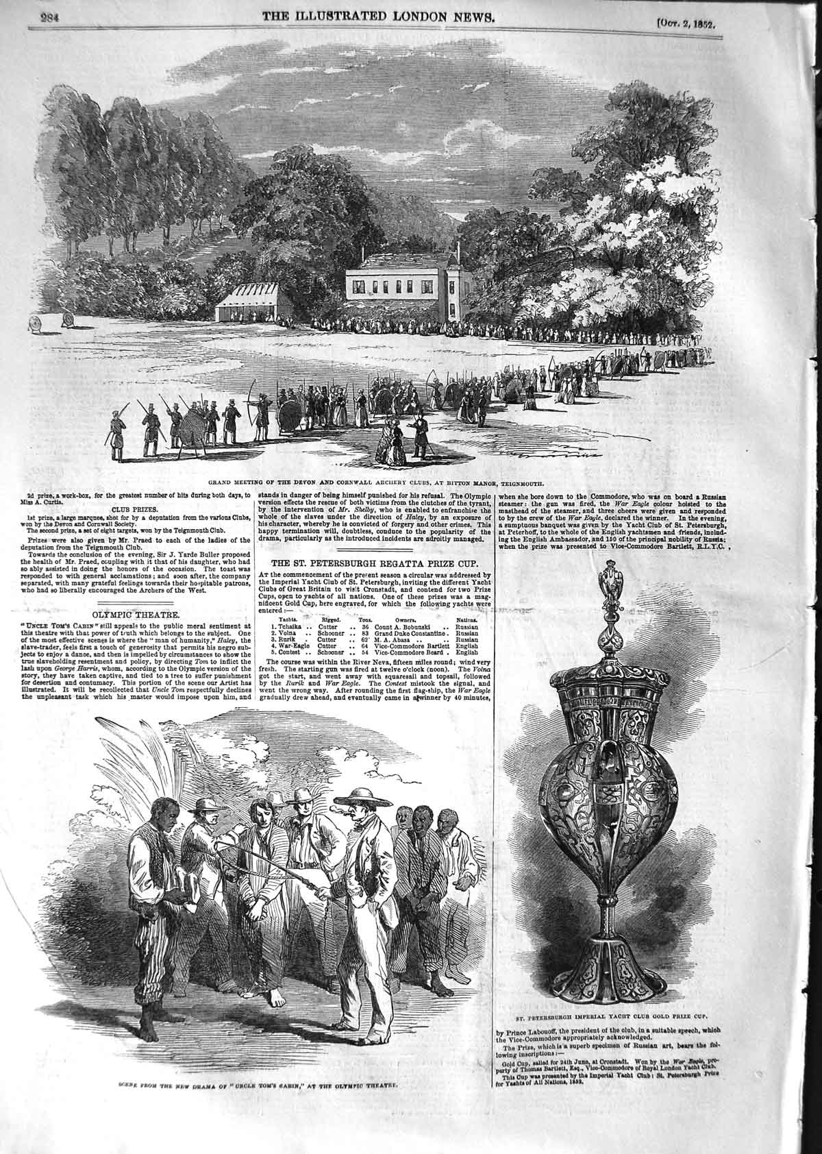 Original Old Antique Print 1852 Devon Cornwall Archery Club Teignmouth Theatre