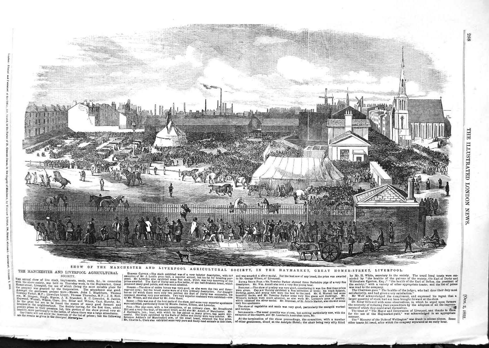 Old Antique Print 1852 Show Manchester Liverpool Agricultural Haymarket 19th