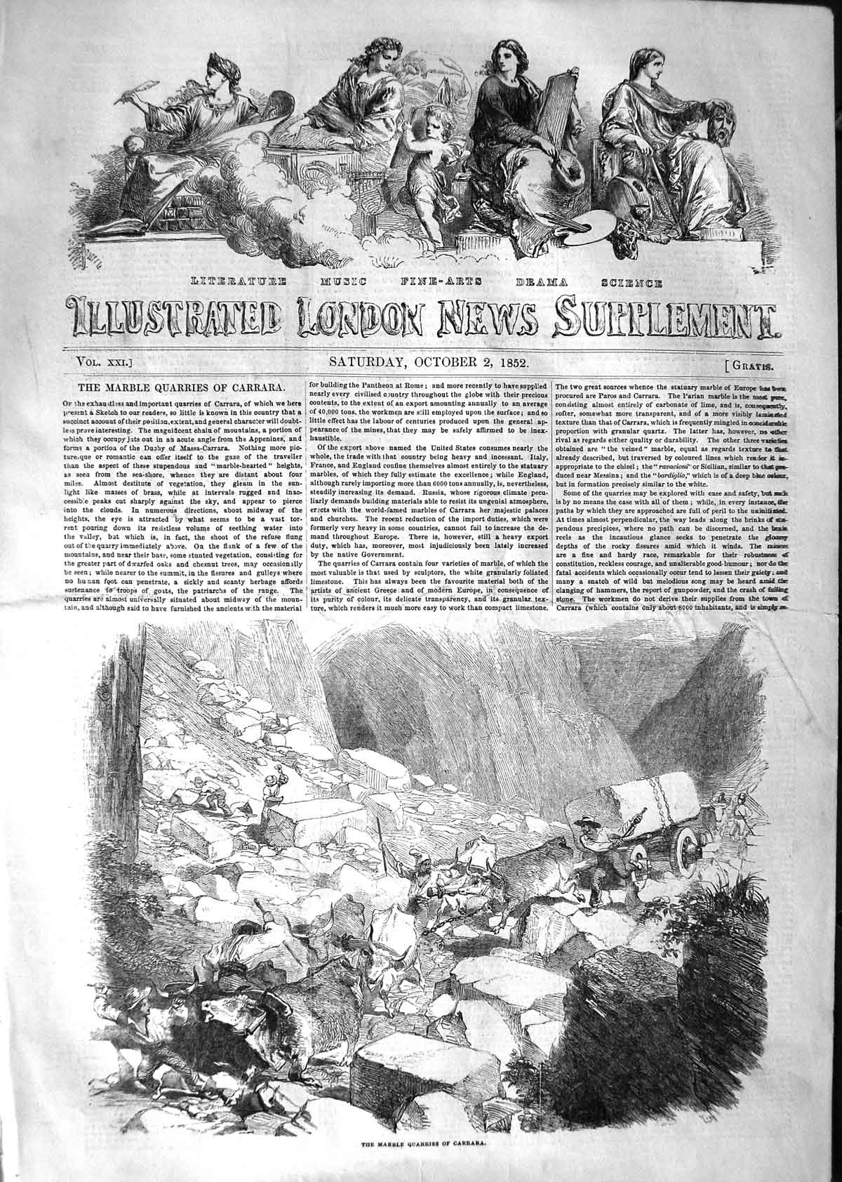 Original Old Antique Print 1852 Cattle Marble Quarries Carrara Mo 19th