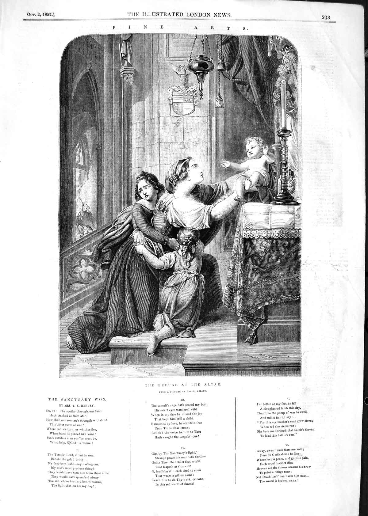 Original Old Antique Print 1852 Fine Art Daege Berlin Refuge Church Altar Baby