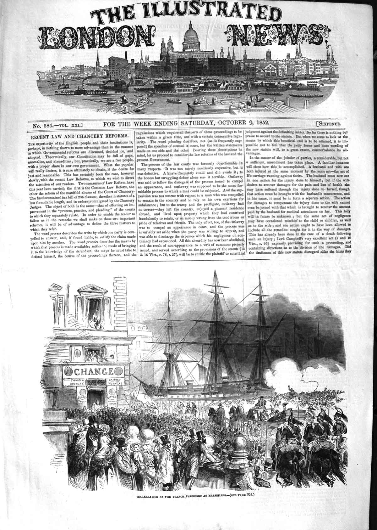 Original Old Antique Print 1852 Embarkation French President Marseilles France