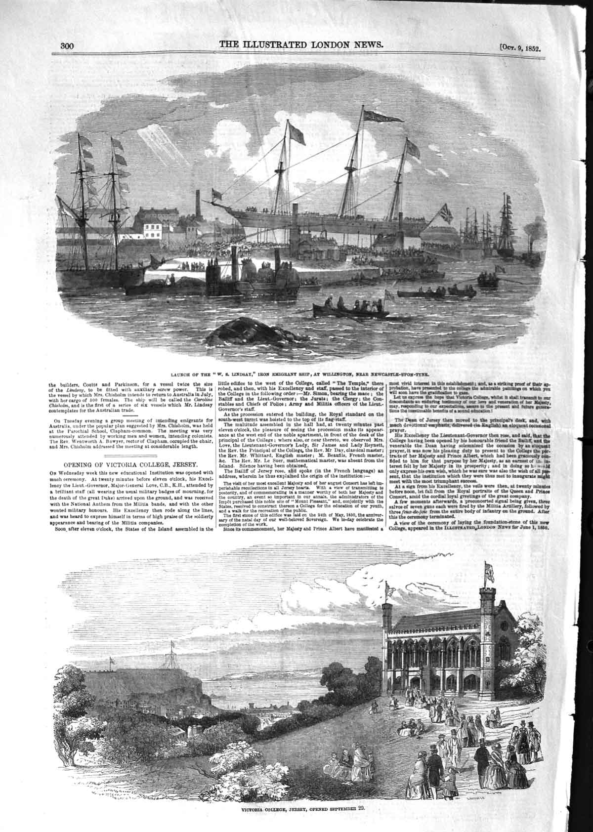 Original Old Antique Print 1852 Ship Lindsay Emigrant Willington Jersey College