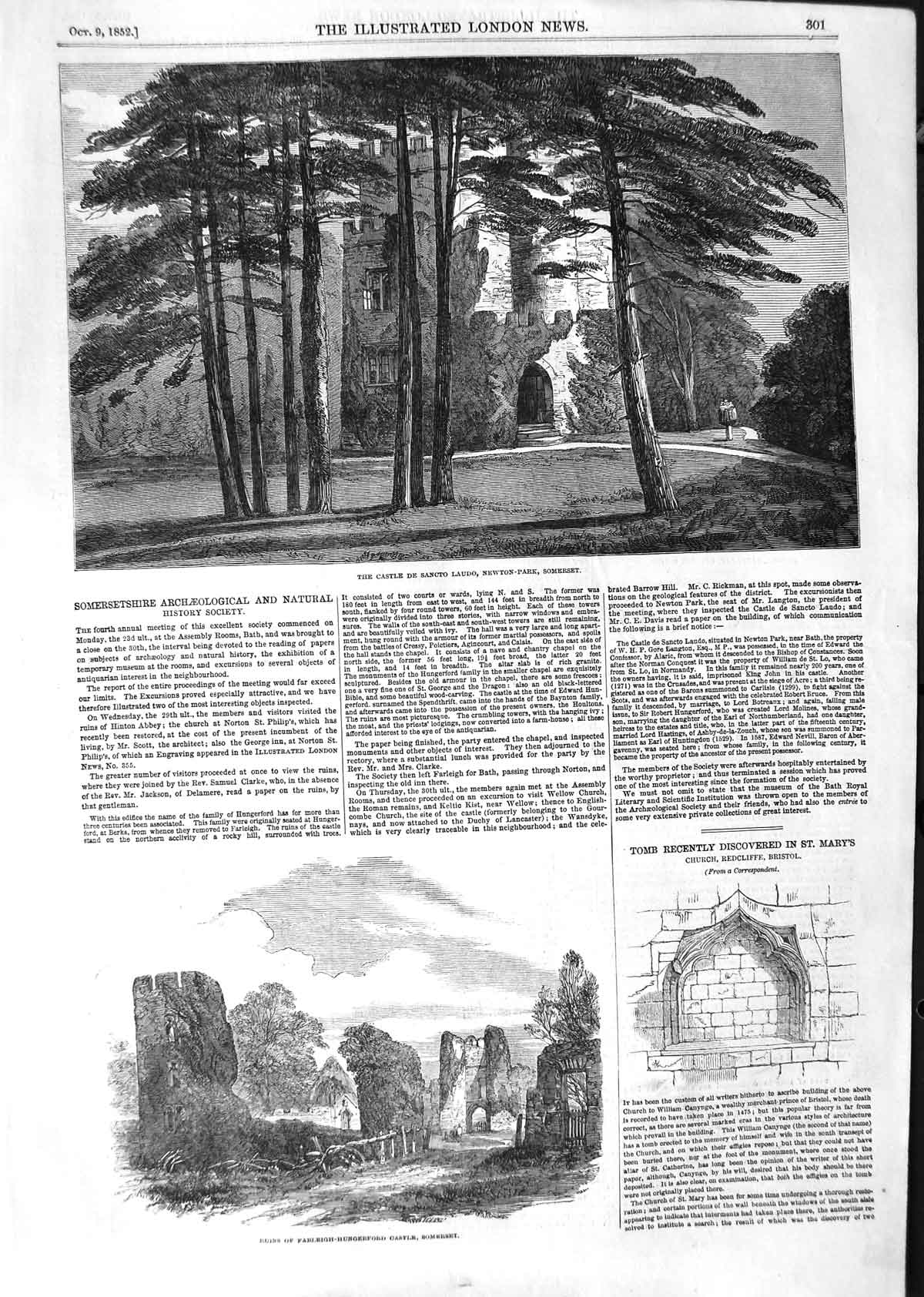 Old Antique Print 1852 Castle De Sancto Laudo Newton-Park Somerset Ruins 19th