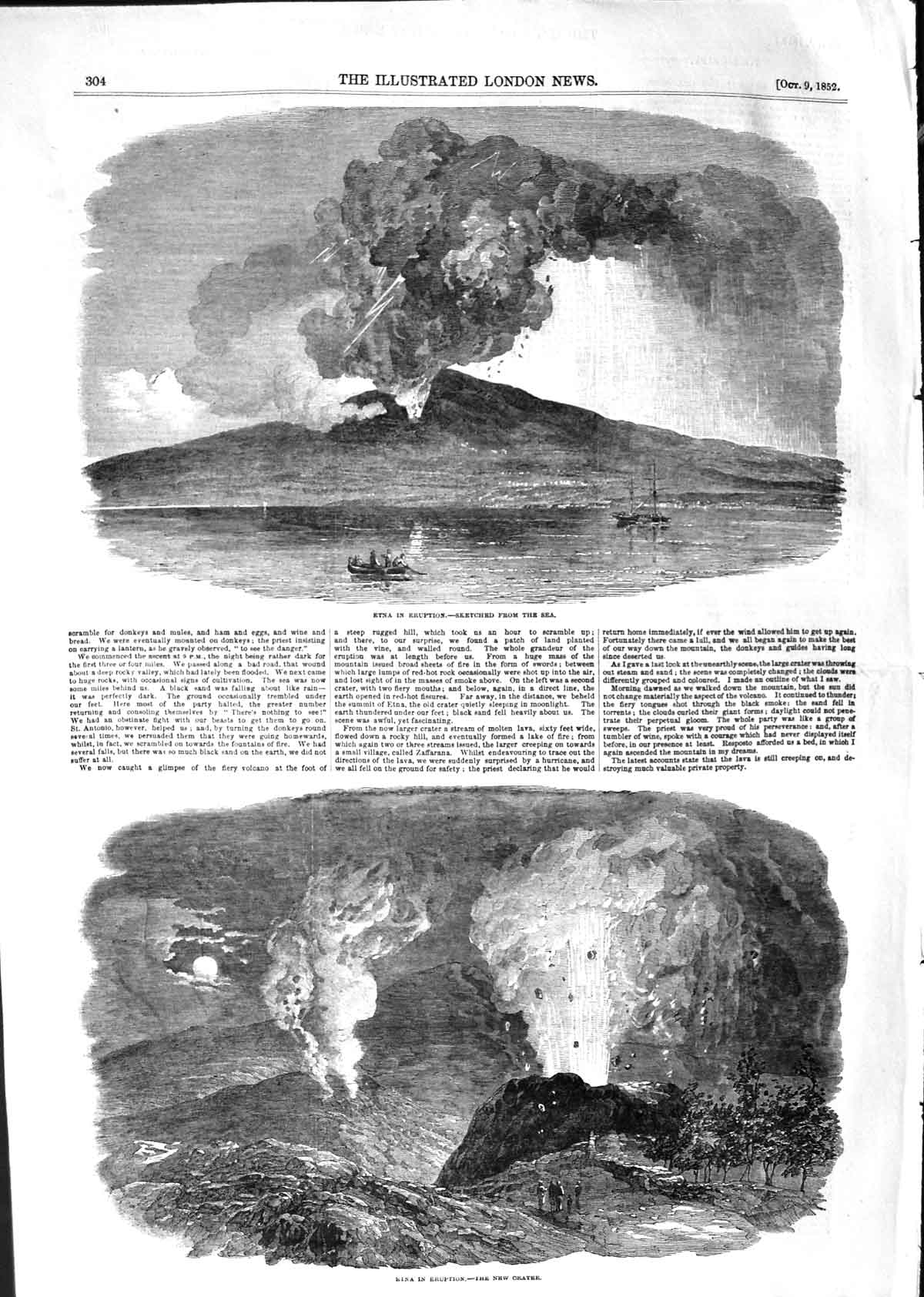 Original Old Antique Print 1852 Mountain Mount Etna Eruption Volcano Crater