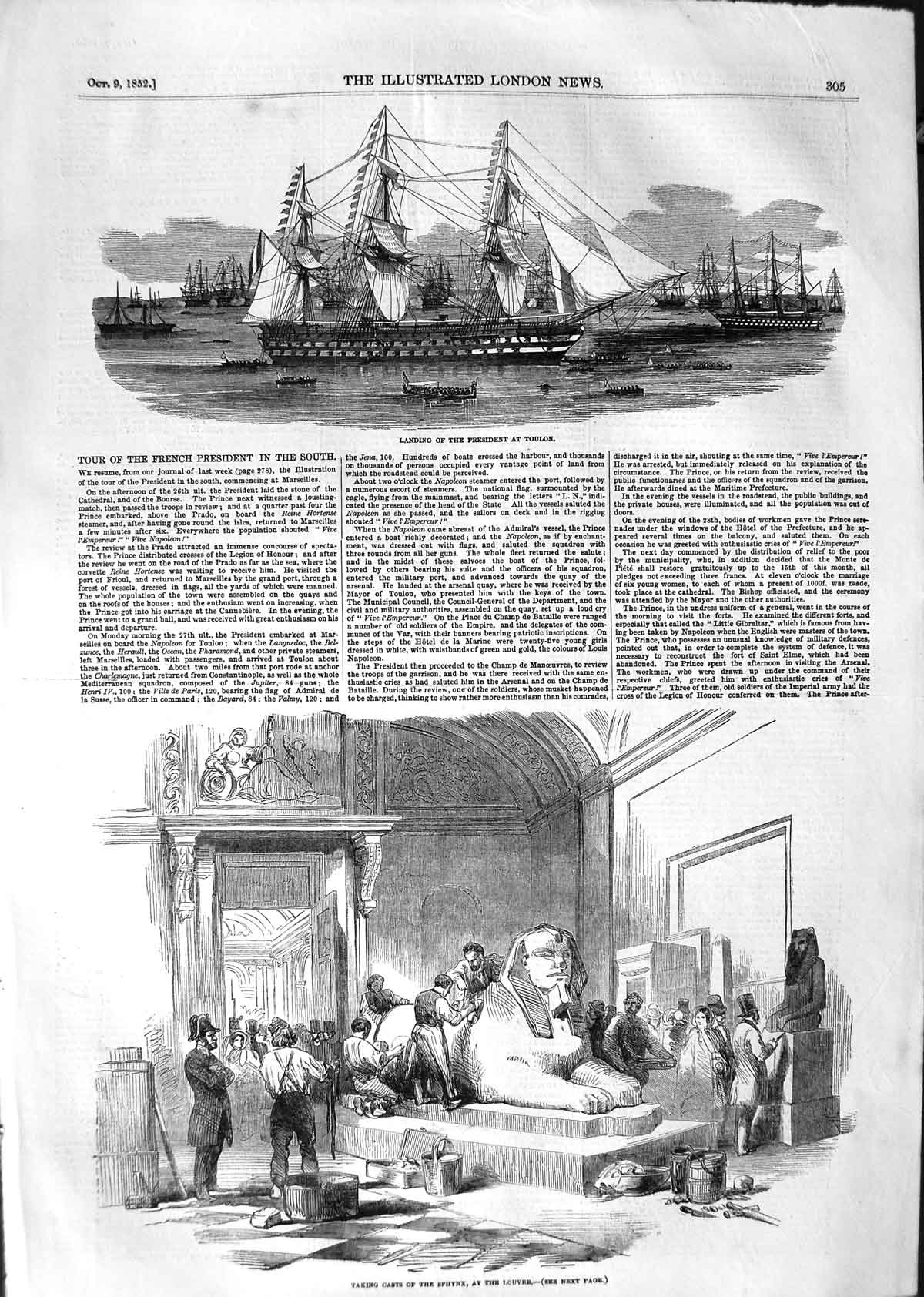 Original Old Antique Print 1852 French President Ship Toulon Casts Sphynx 19th