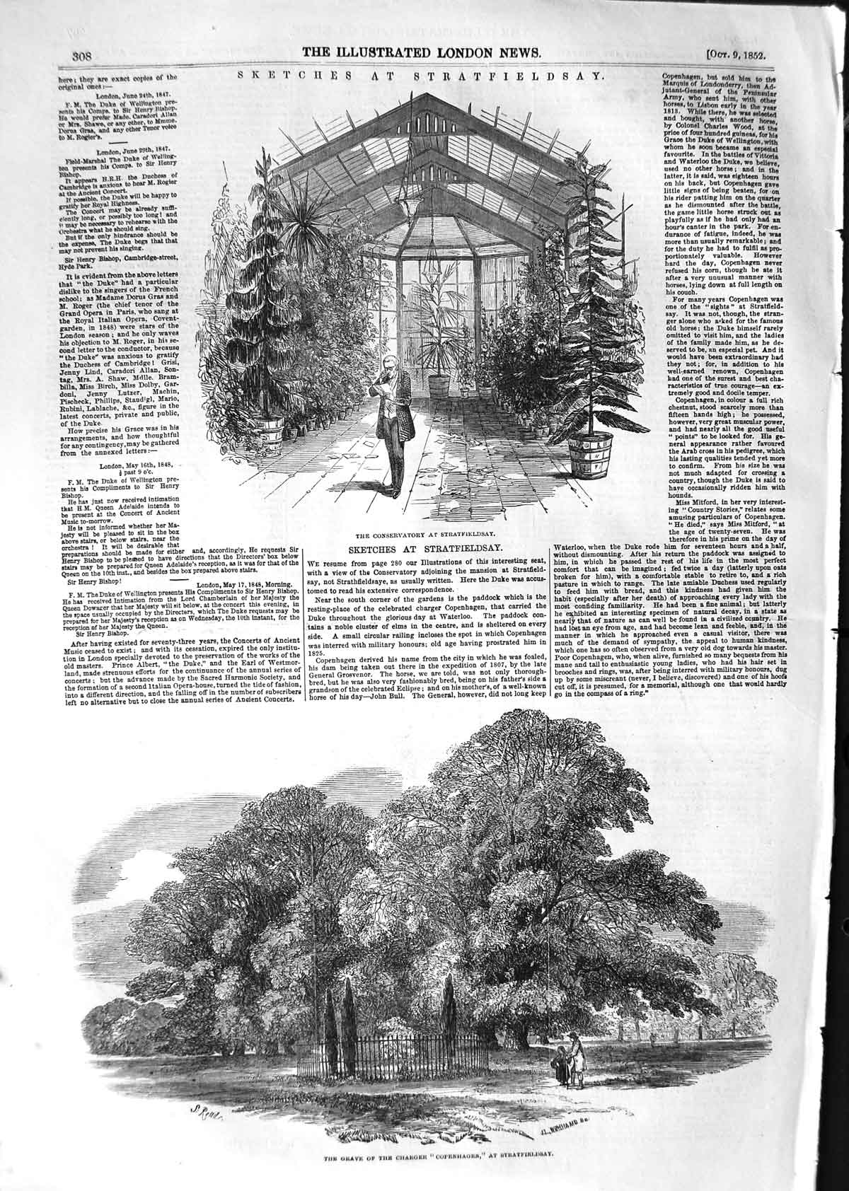 Original Old Antique Print 1852 Conservatory Strathfieldsay Grave Copenhagen