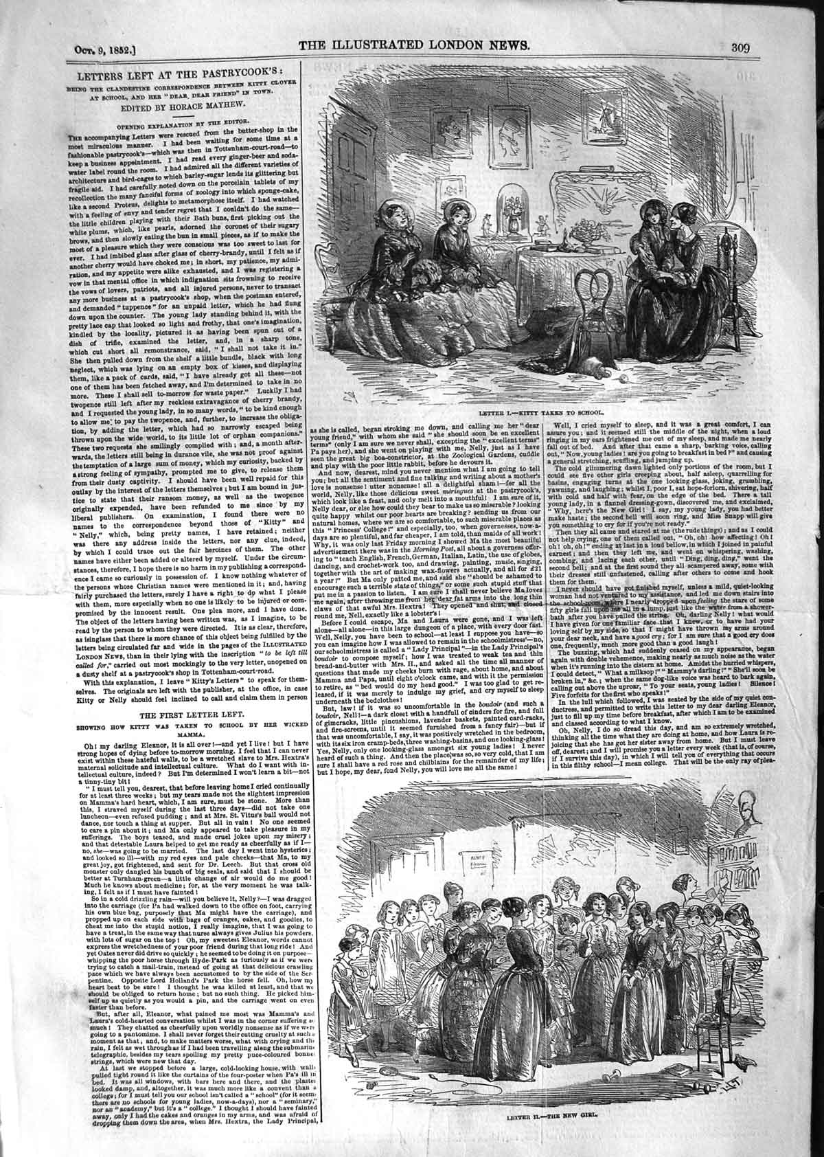 Original Old Antique Print 1852 Pastrycooks School Students Kitty Letters 19th