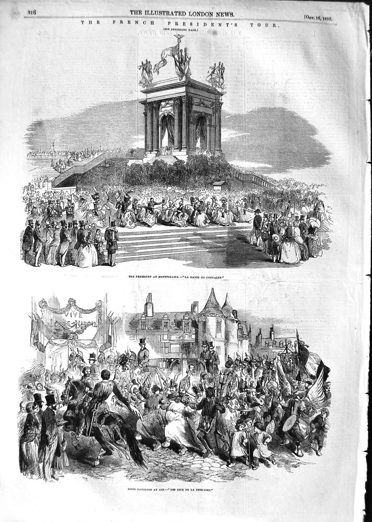 Original Old Antique Print 1852 French President Montpellier Louis Napoleon Aix