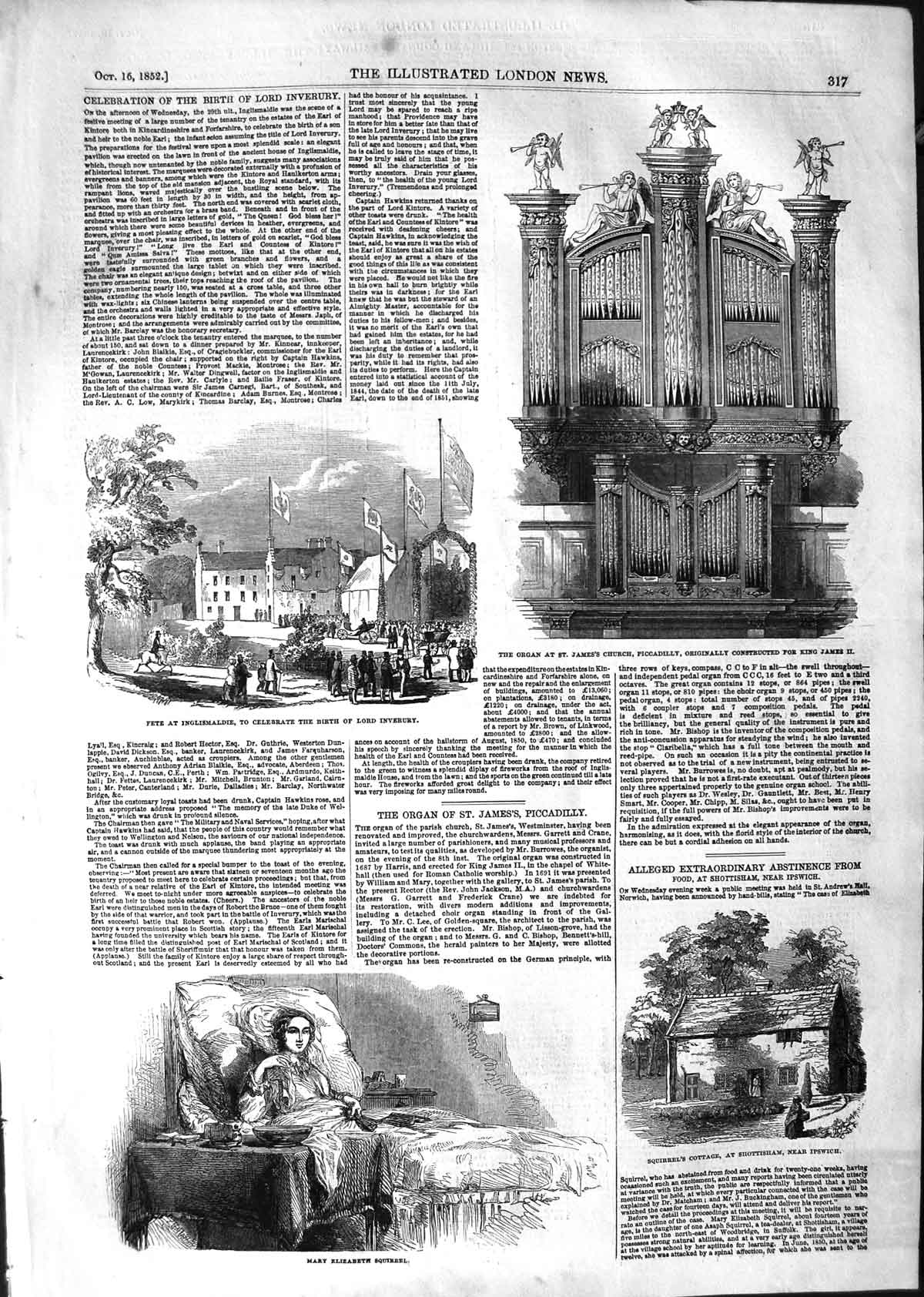 Original Old Antique Print 1852 Inglismaldie Organ James'S Church Mary Squirrel