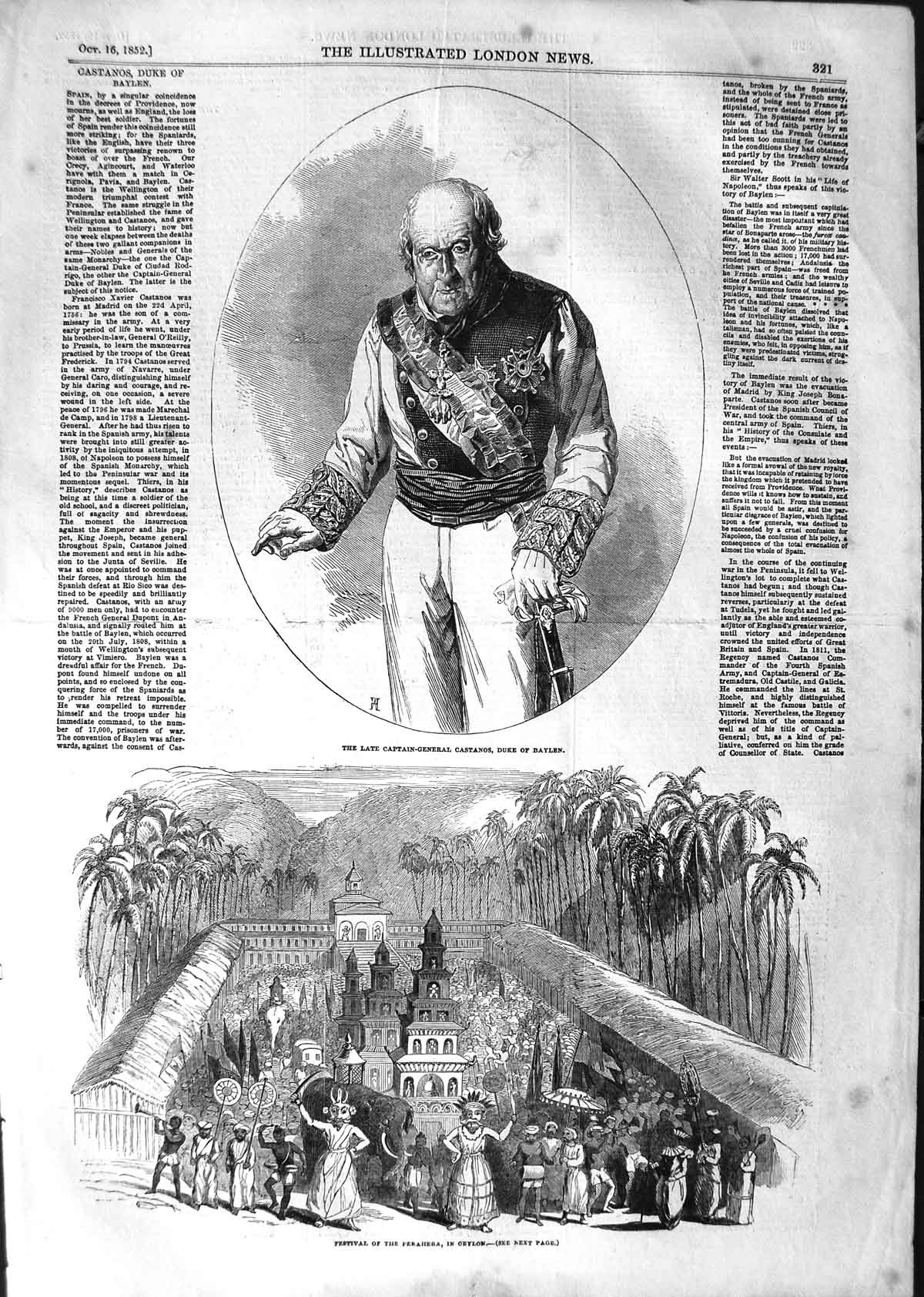 Original Old Antique Print 1852 Captain-General Castanos Baylen Perahera Ceylon