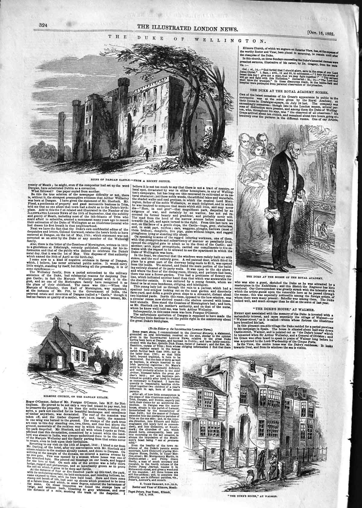 Original Old Antique Print 1852 Dangan Castle Kilmore Church Duke Walmer House