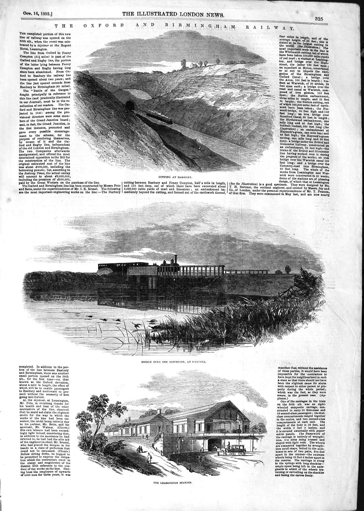 Original Old Antique Print 1852 Oxford Birmingham Railway Harsbury Leamington