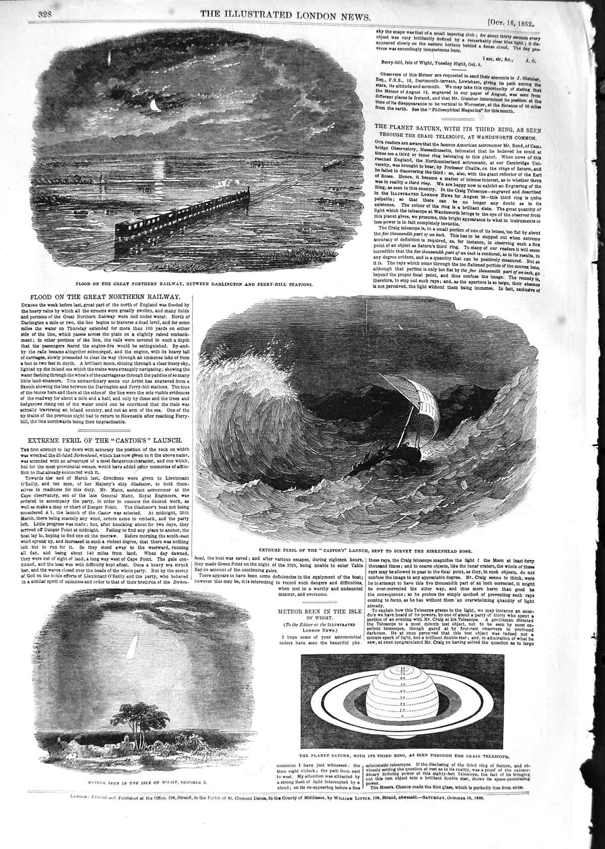 Original Old Antique Print 1852 Great Northern Railway Castor Ship Isle Wight