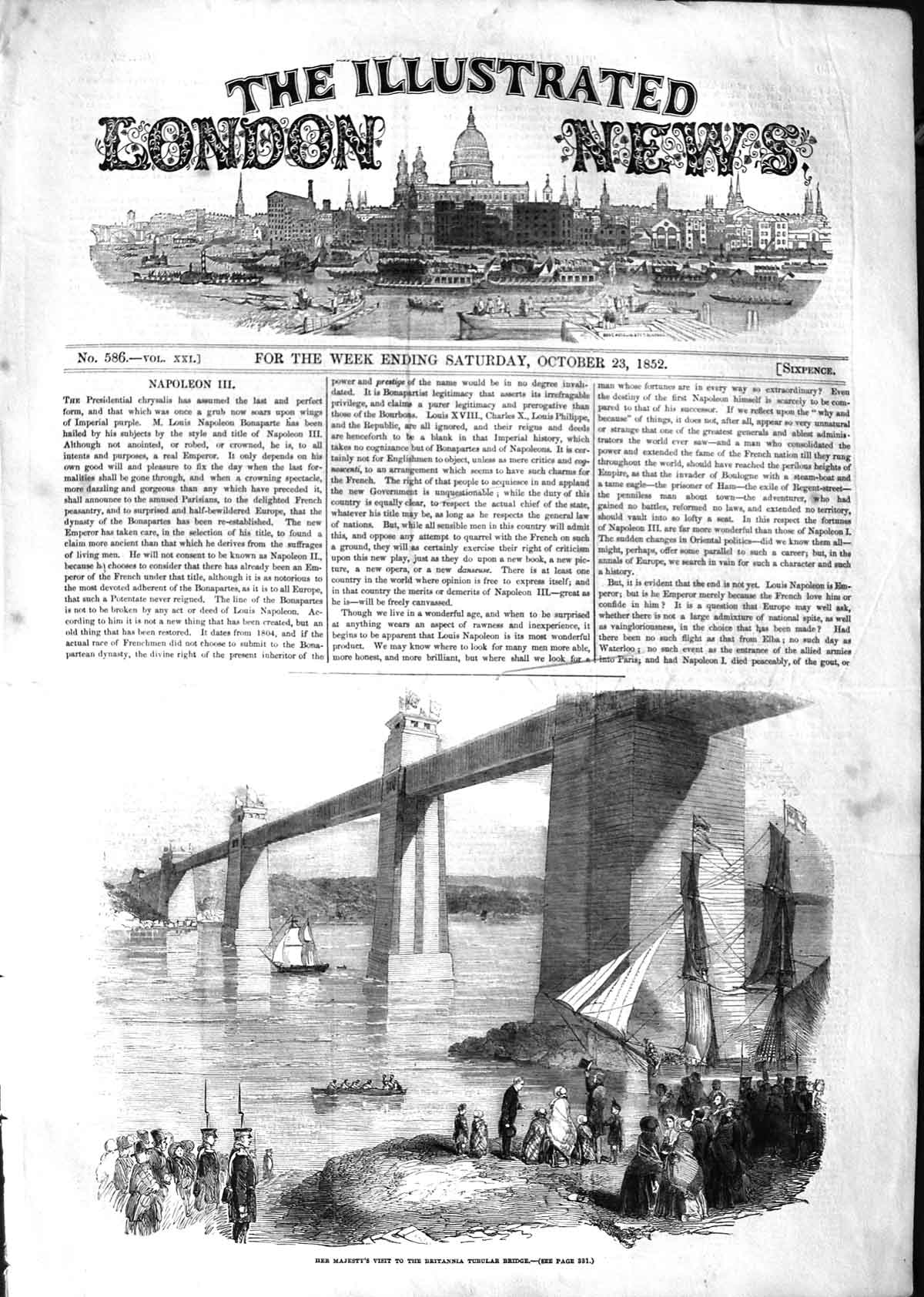 Original Old Antique Print 1852 Queen Britannia Tubular Bridge River Royal Ship