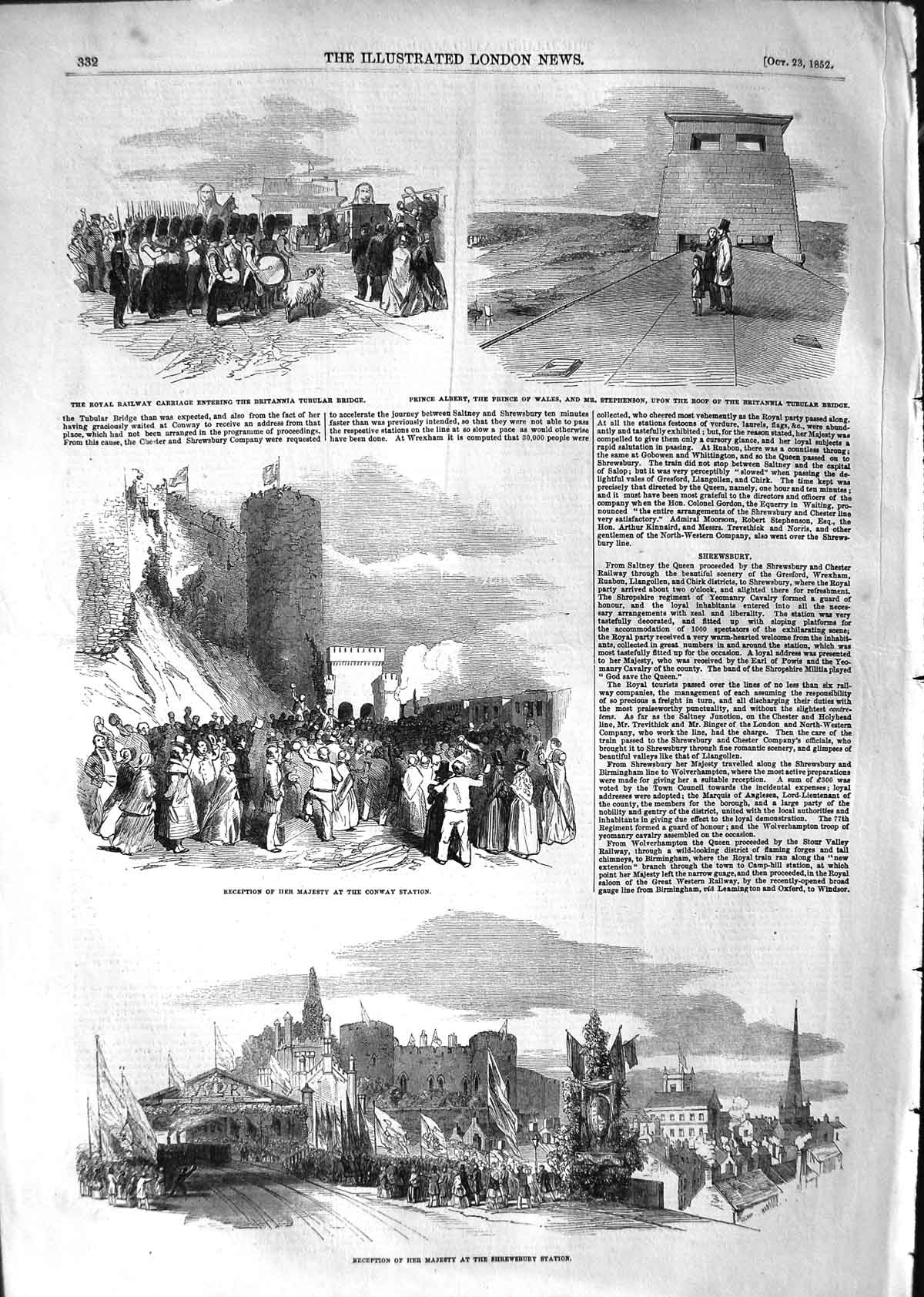 Original Old Antique Print 1852 Queen Shrewsbury Railway Station Conway Tubular