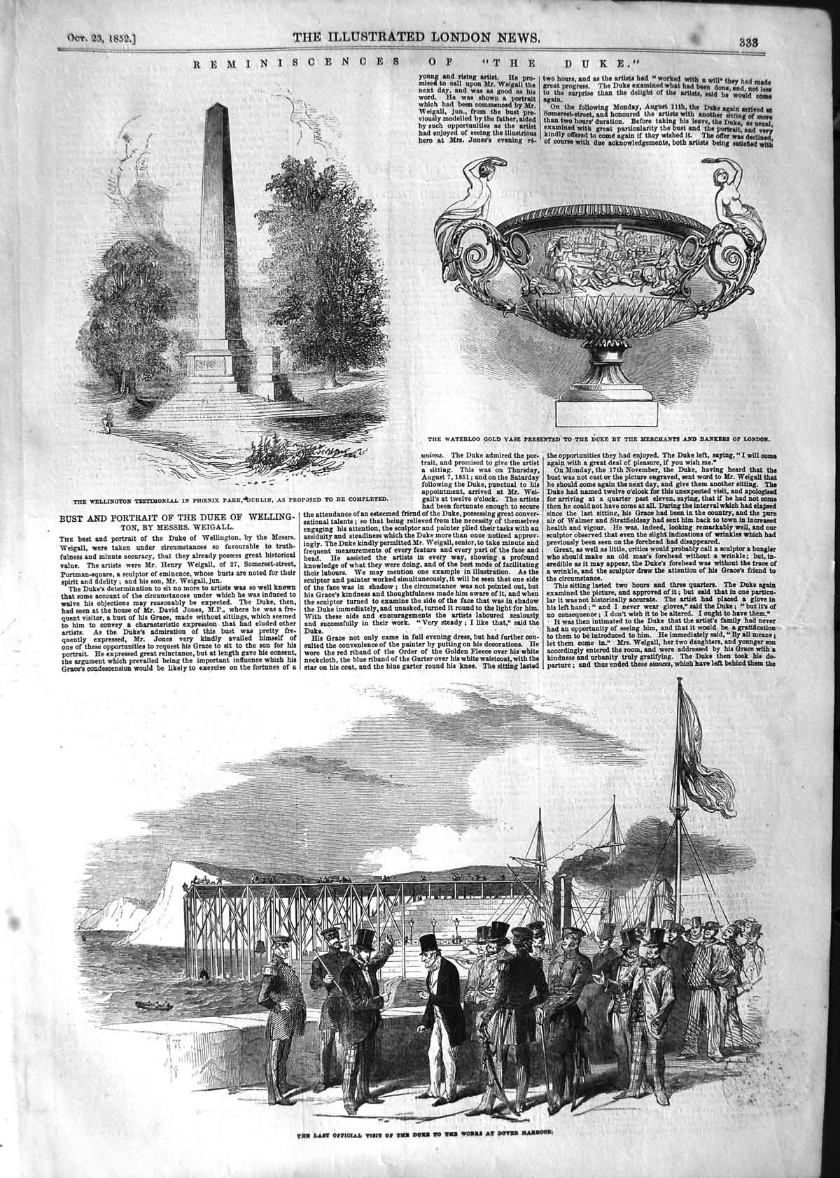Old Antique Print 1852 Duke Wellington Phoenix Park Dublin Waterloo Vase 19th