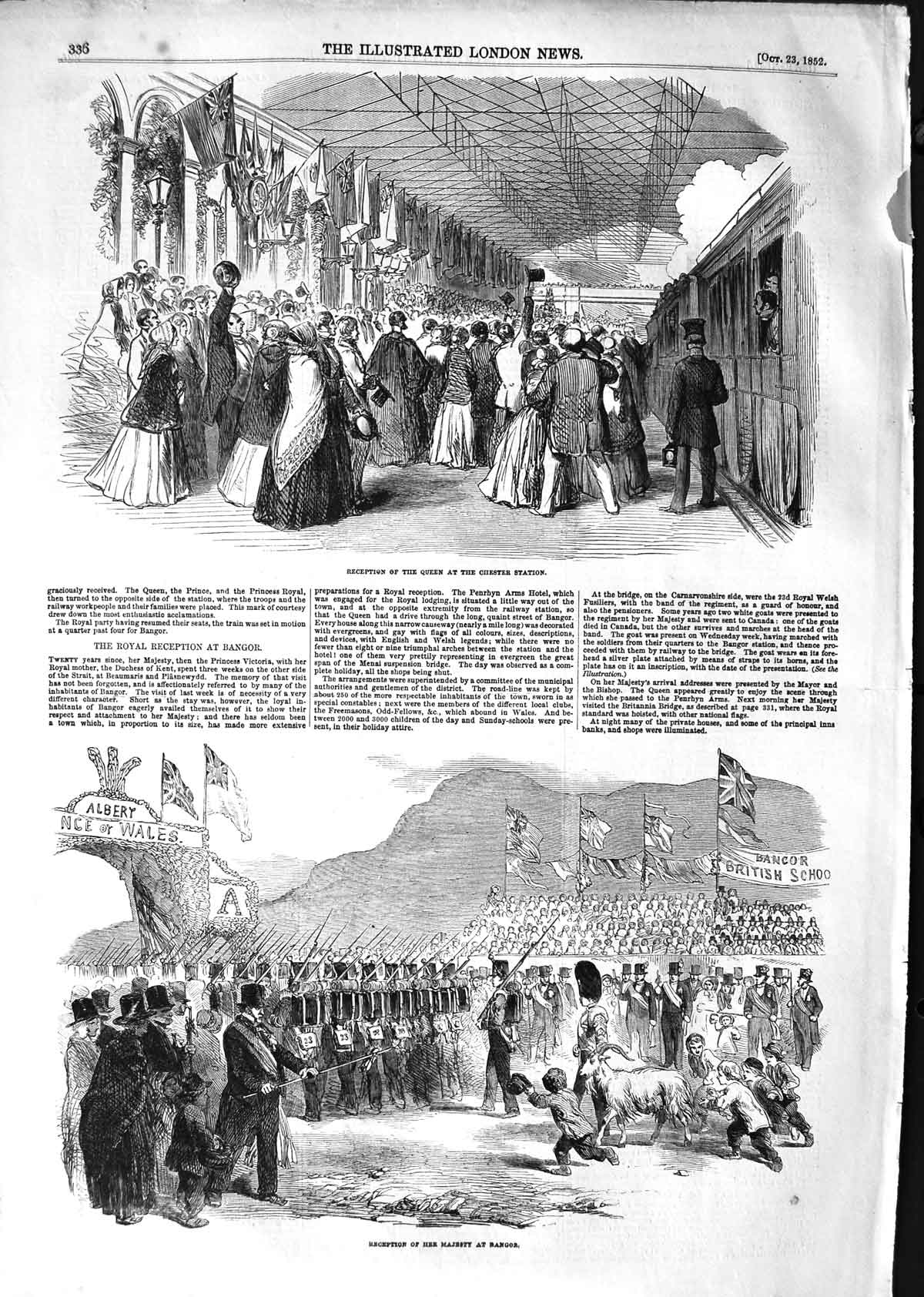 Original Old Antique Print 1852 Queen Chester Station Bangor Wales Goat Siers