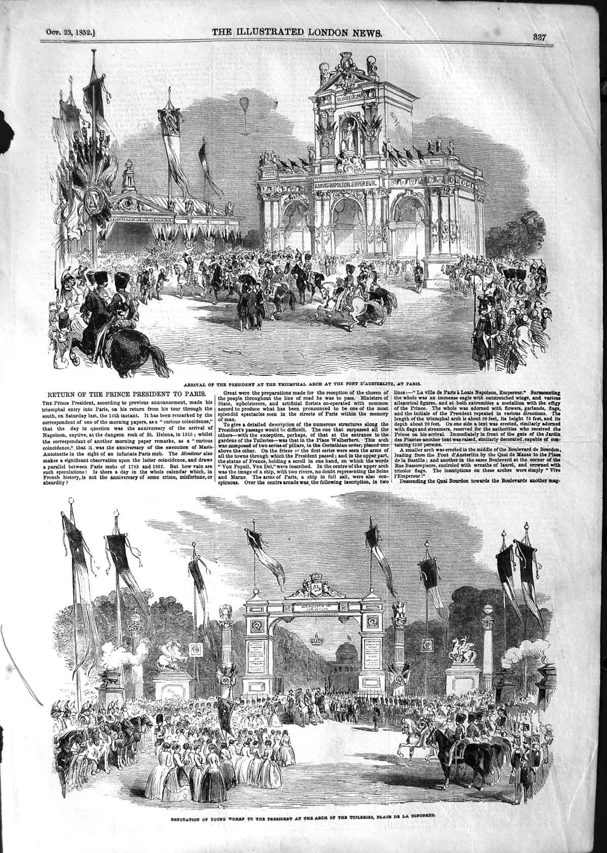 Old Antique Print 1852 Triumphal Arch Pont D'Austerlitz Paris Tuileries 19th
