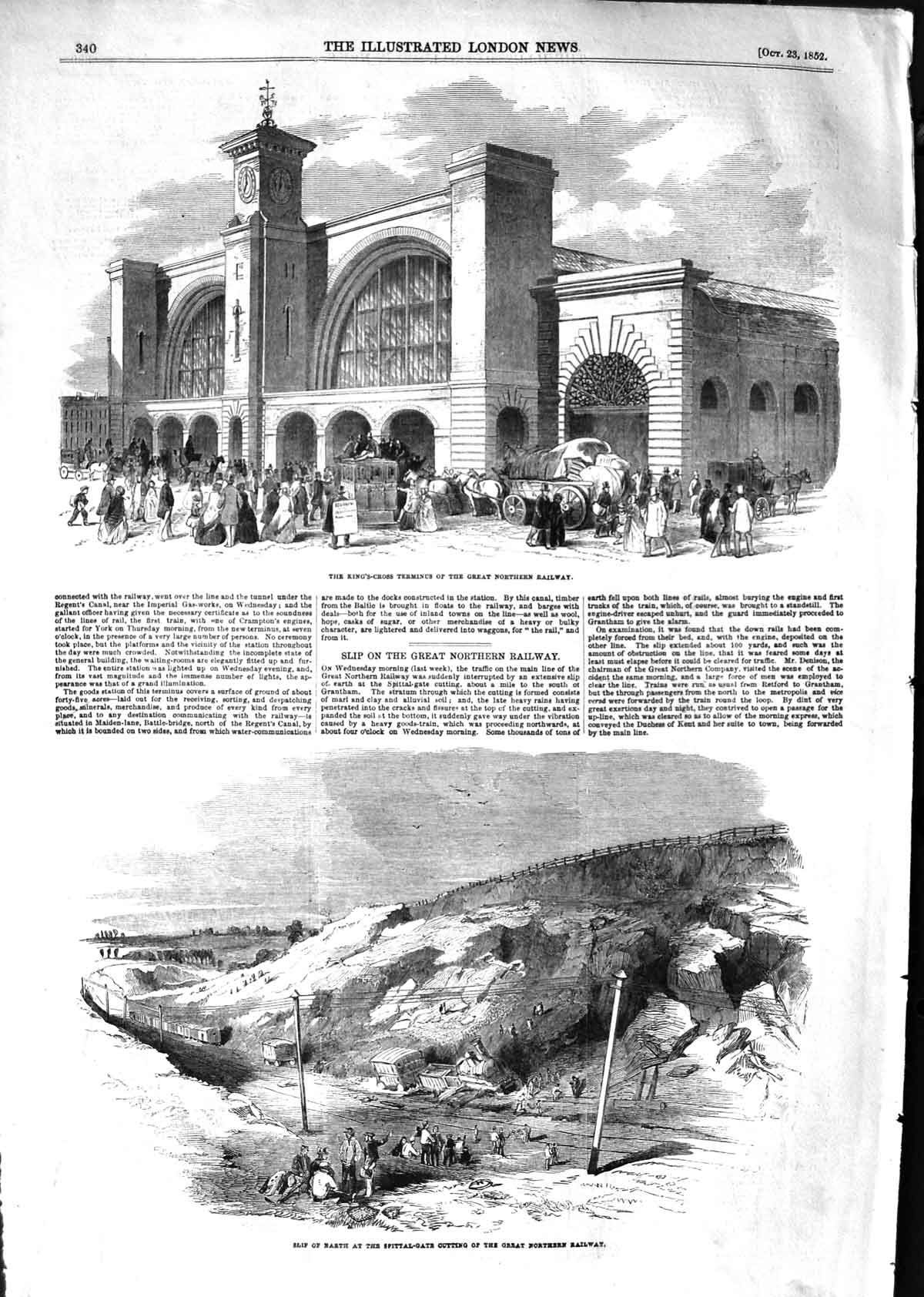 Old Antique Print 1852 King' Cross Terminus Northern Railway Spittal-Gate 19th