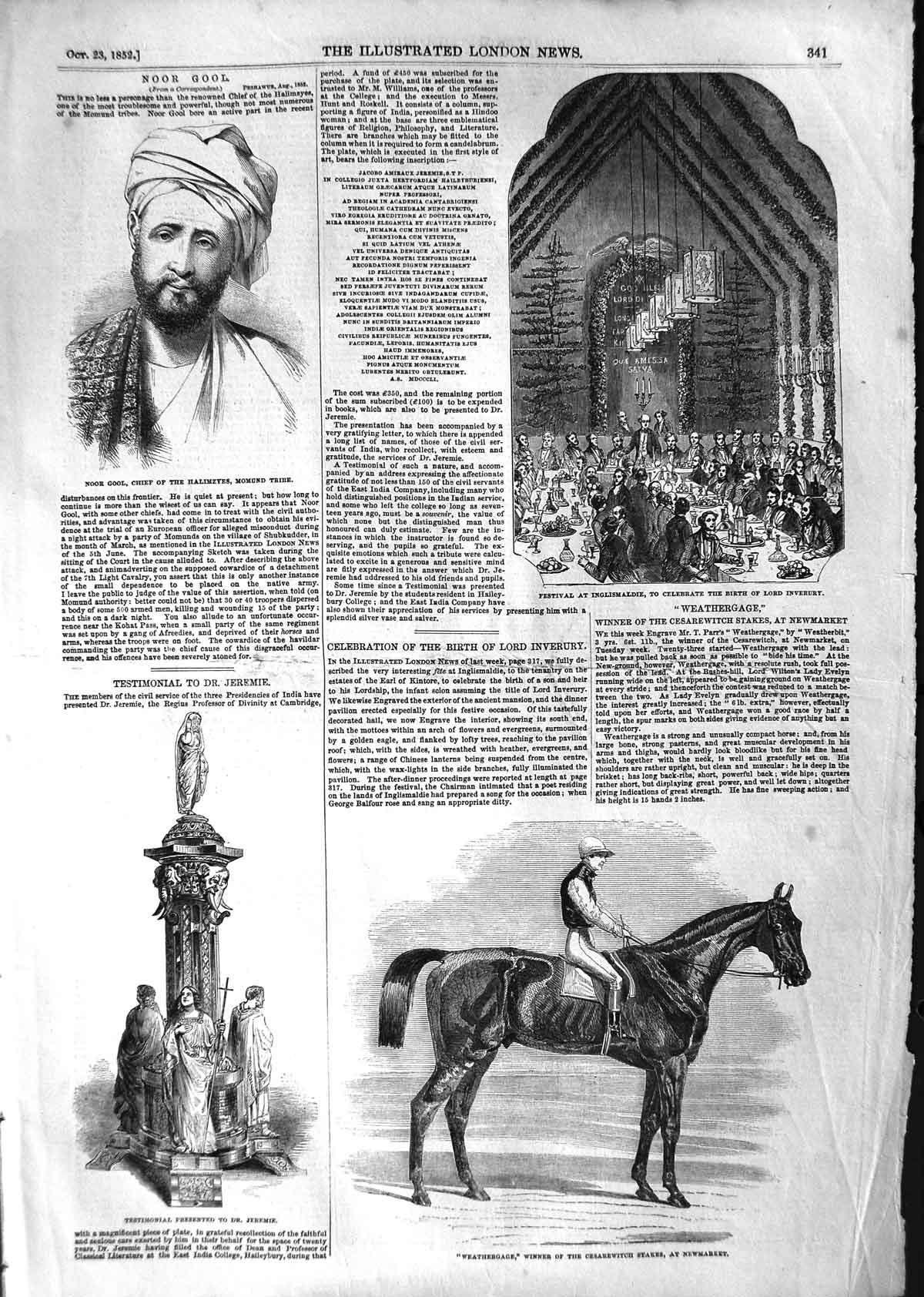 Original Old Antique Print 1852 Noor Gool Chief Momund Tribe Weathergage Horse