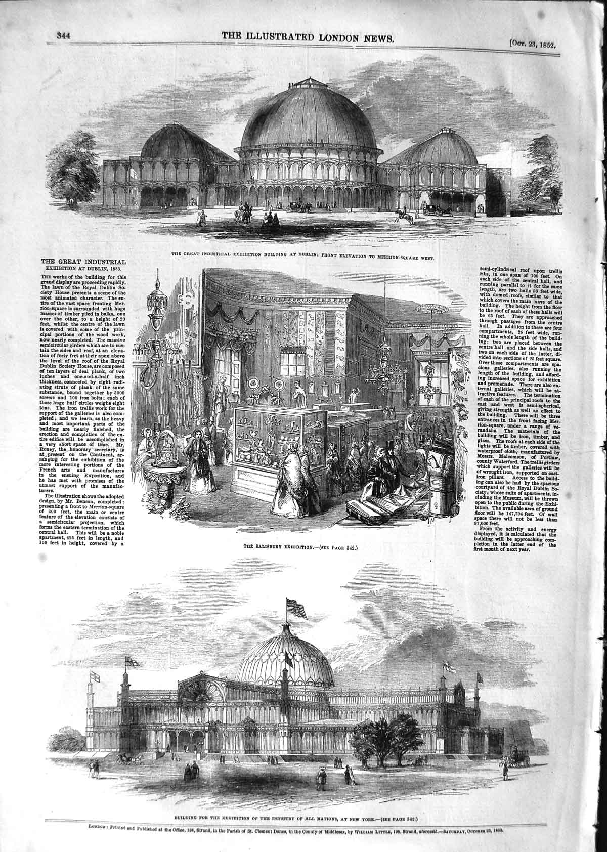Original Old Antique Print 1852 Industrial Exhibition Dublin Salisbury N 19th