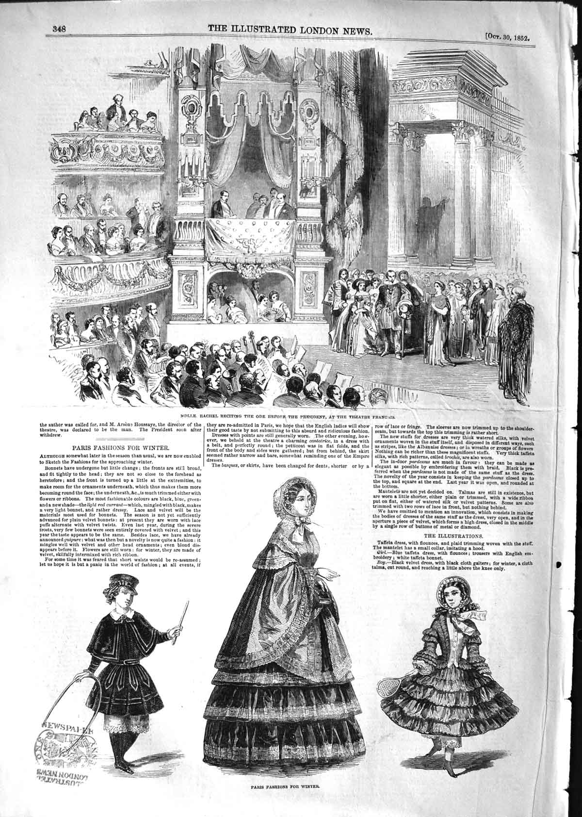 Original Old Antique Print 1852 Rachel President Theatre Francais Paris Fashion